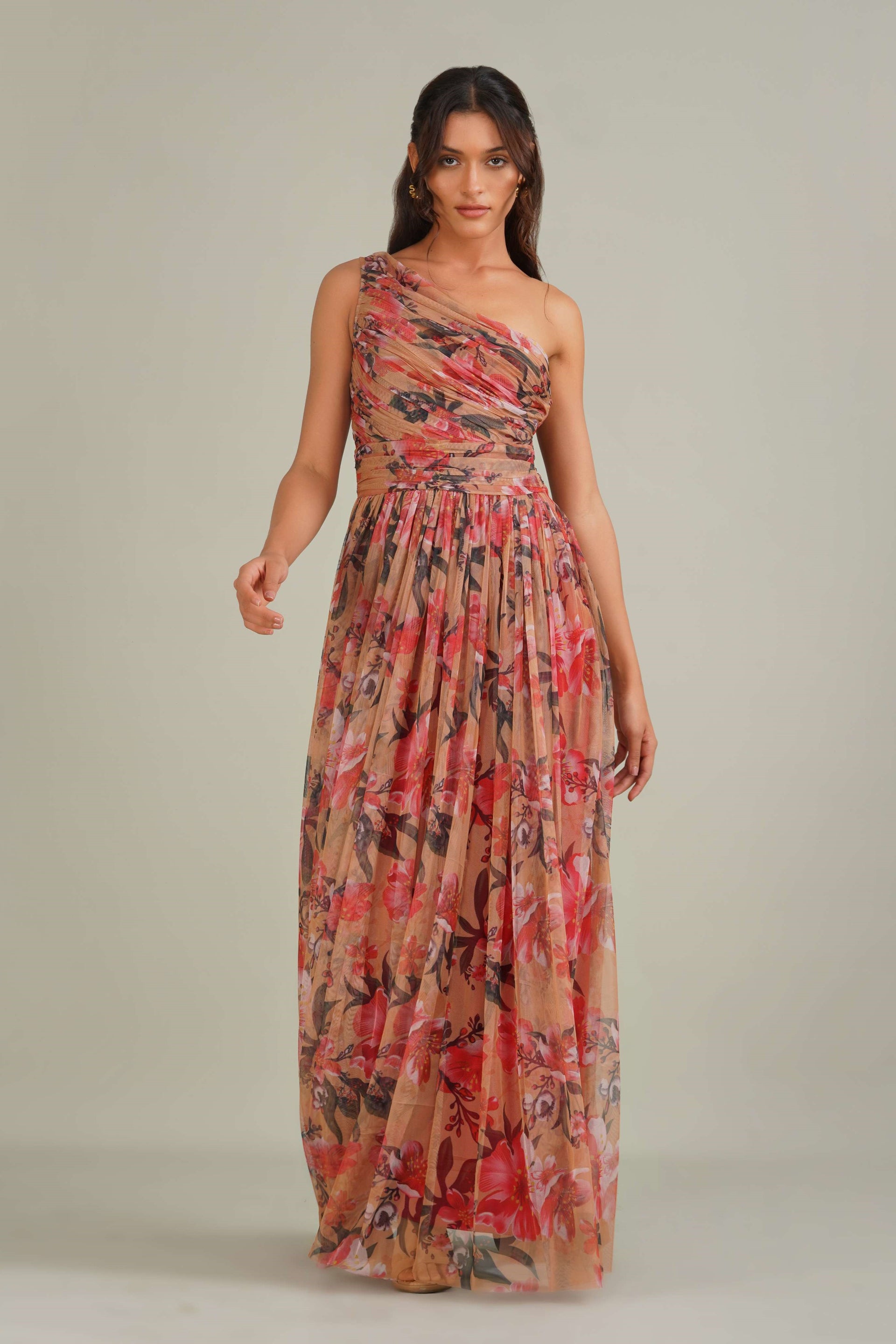 One Shoulder Tulle Maxi Dress in Red Rose Floral