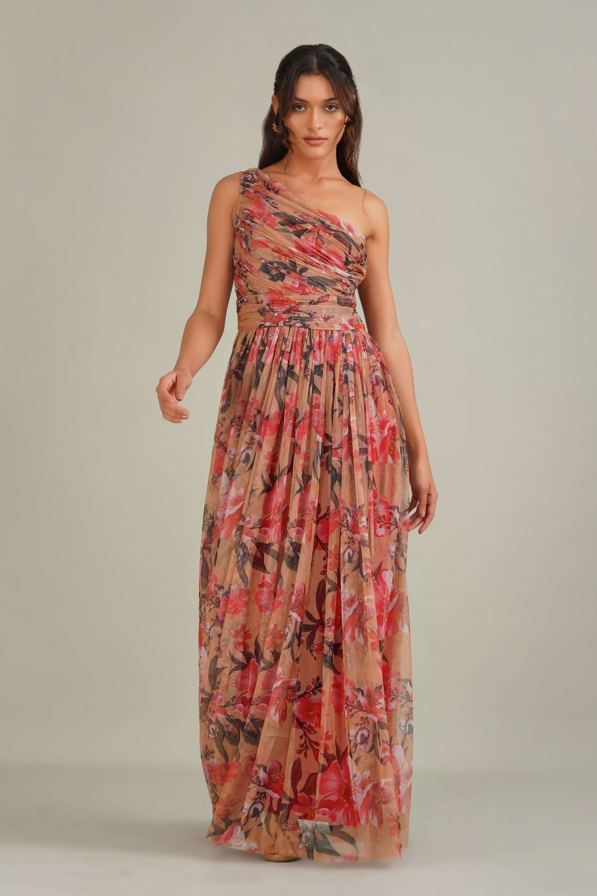 One Shoulder Tulle Maxi Dress in Red Rose Floral – Lace & Beads