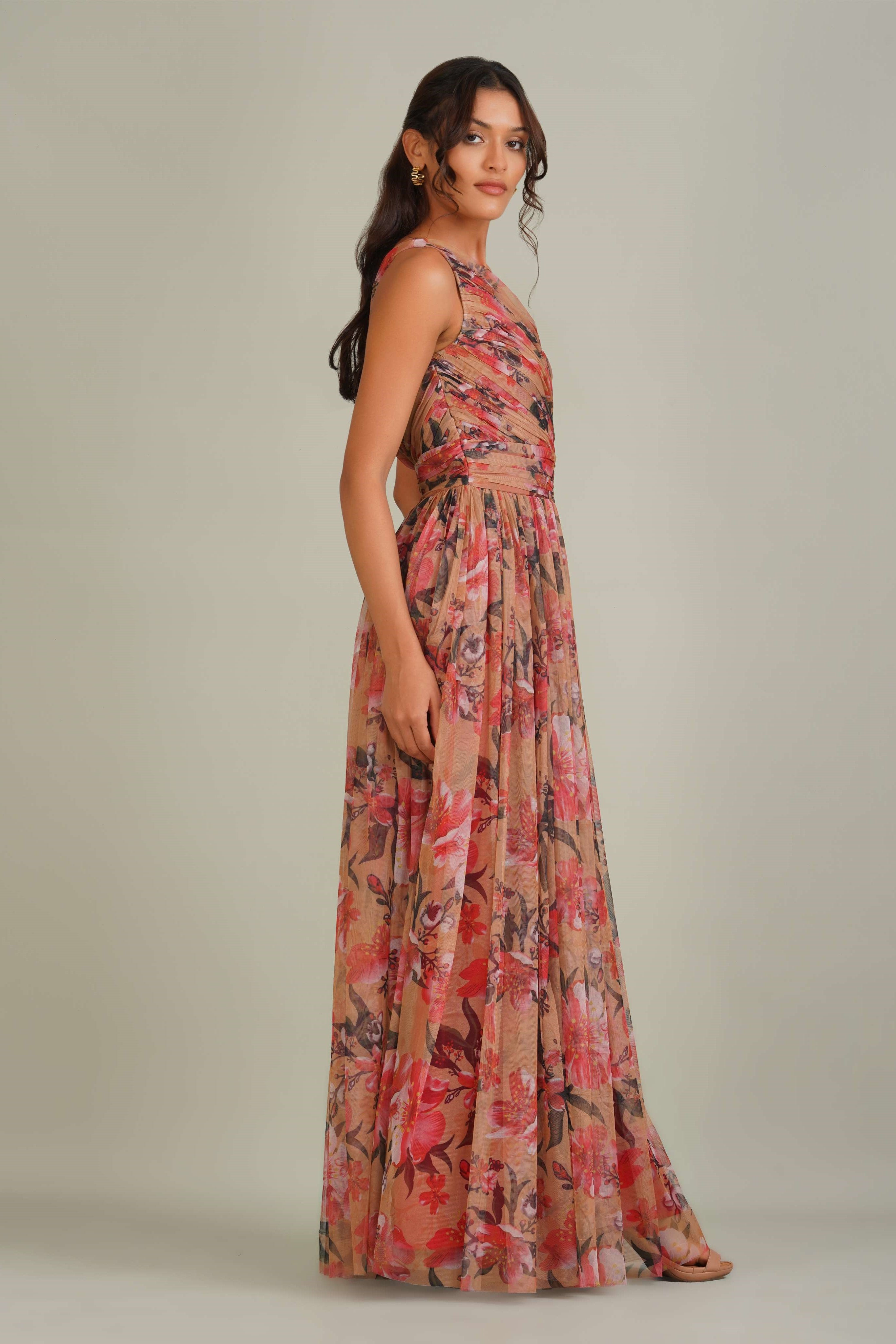 One Shoulder Tulle Maxi Dress in Red Rose Floral