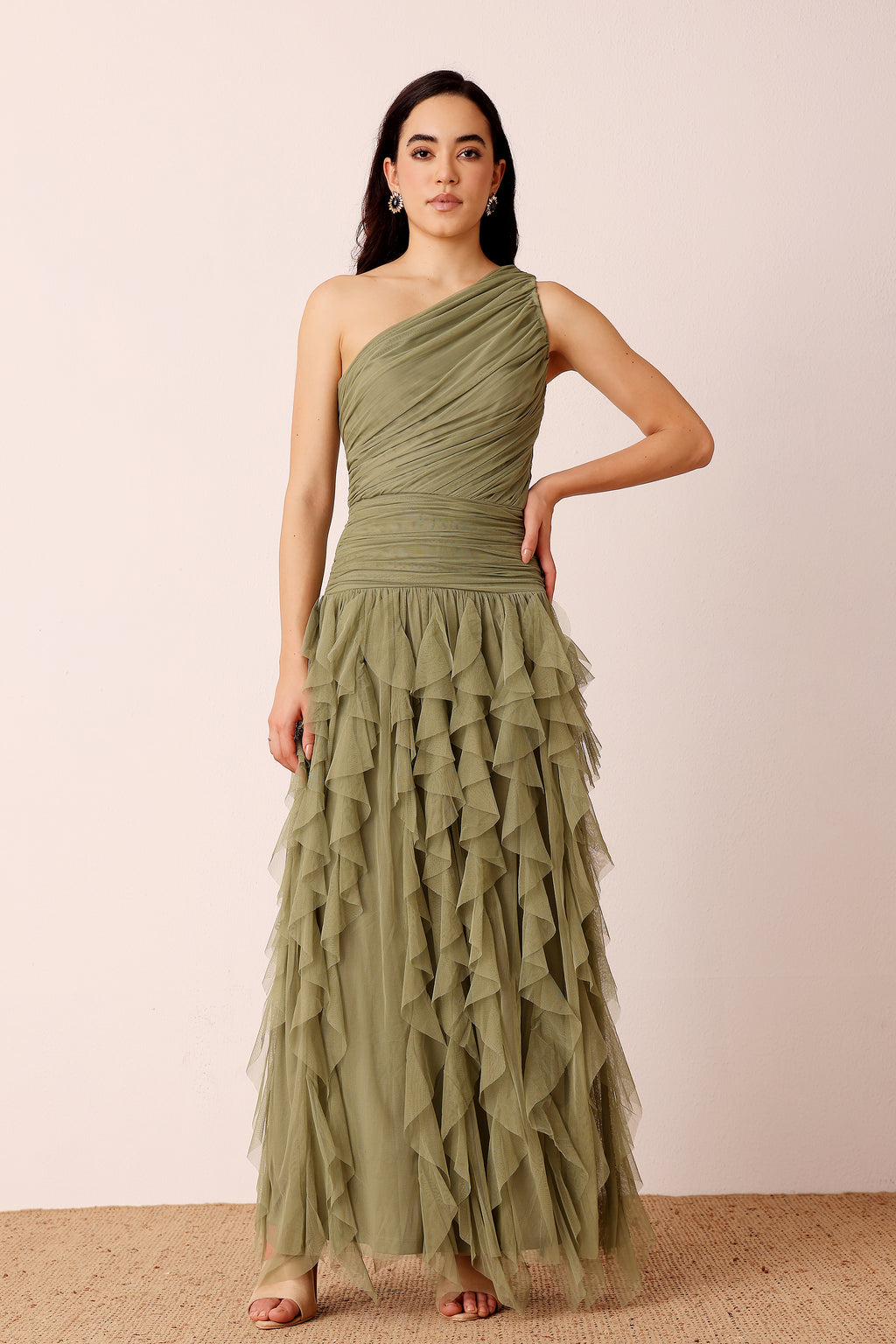 One shoulder ruffle skirt maxi dress bridesmaid wedding guest soft green olive rouched bodice