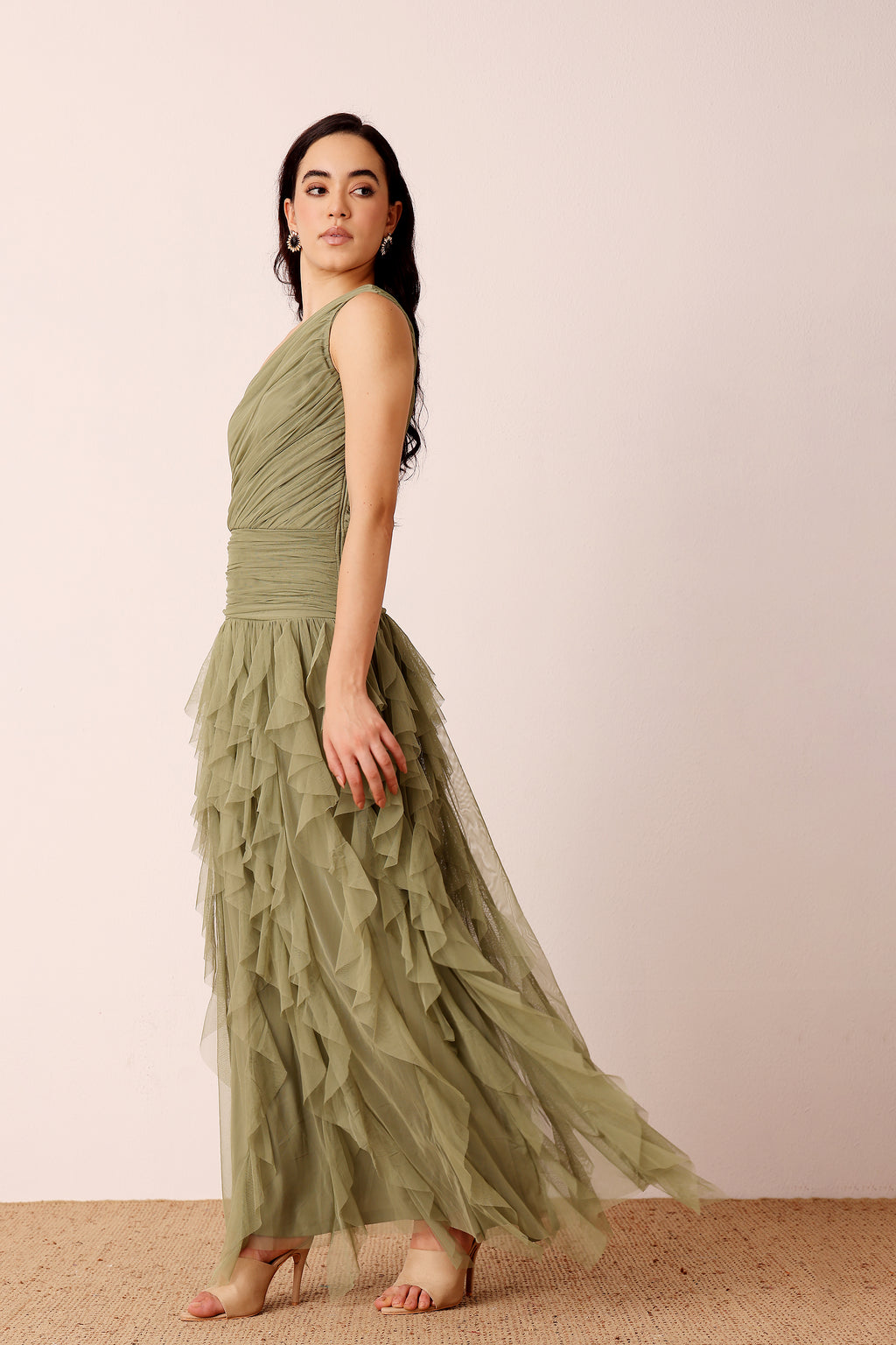 One Shoulder Tulle Ruffle Maxi Dress in Soft Olive