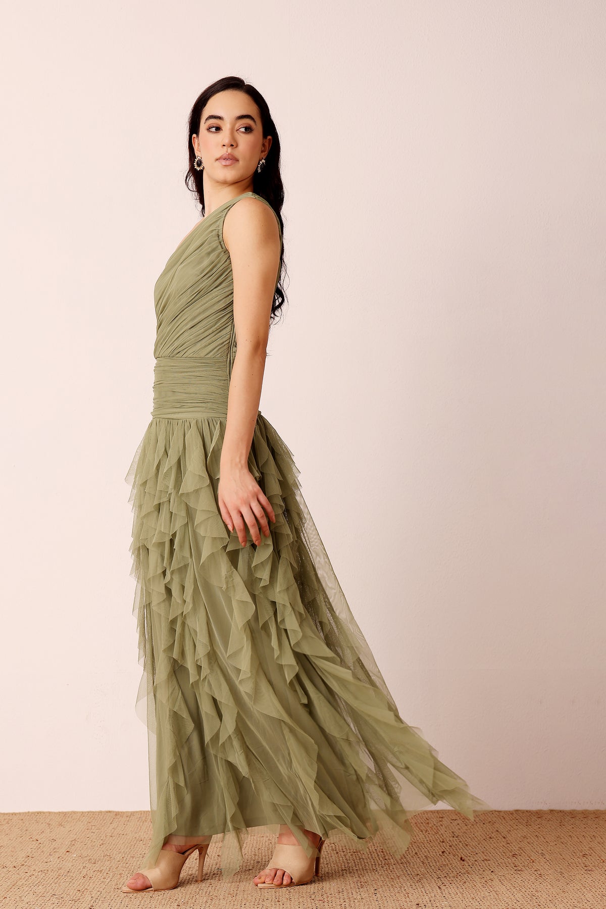 One Shoulder Tulle Ruffle Maxi Dress in Soft Olive