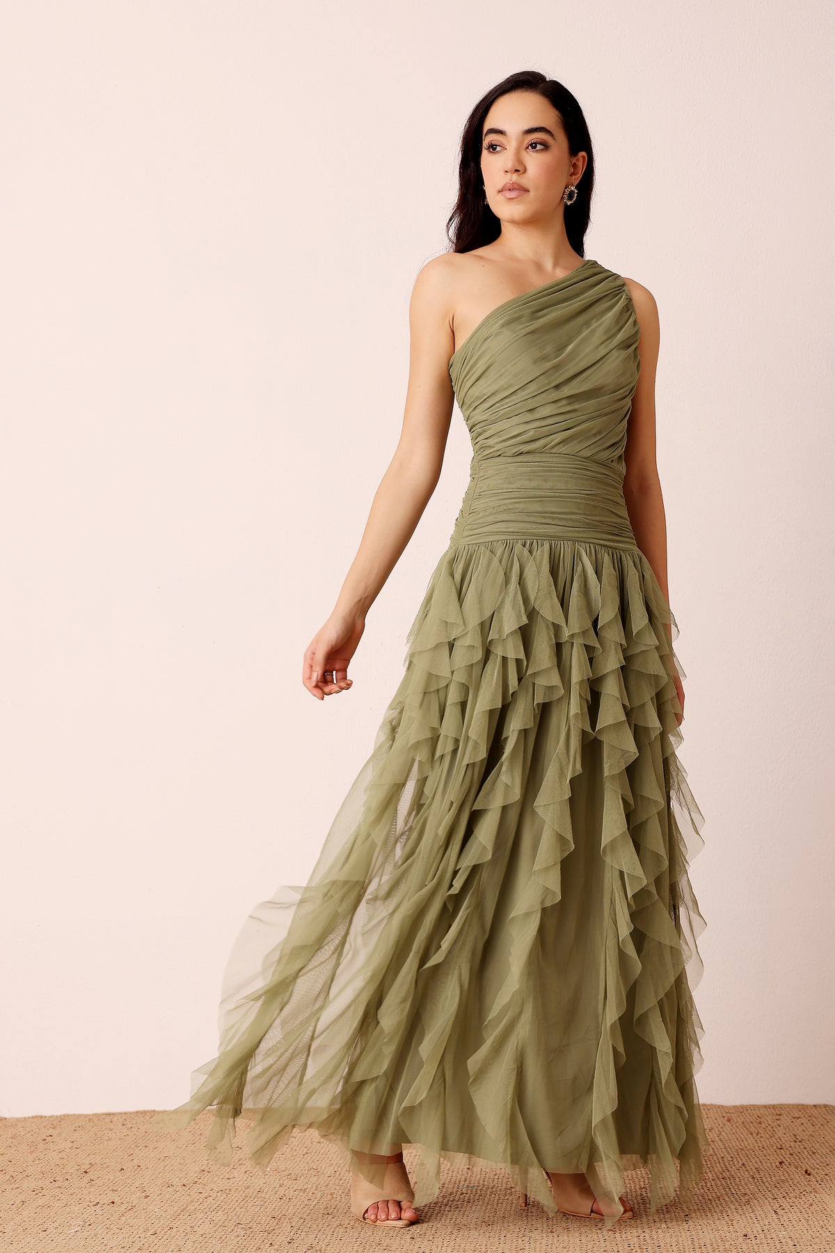 One Shoulder Tulle Ruffle Maxi Dress in Soft Olive