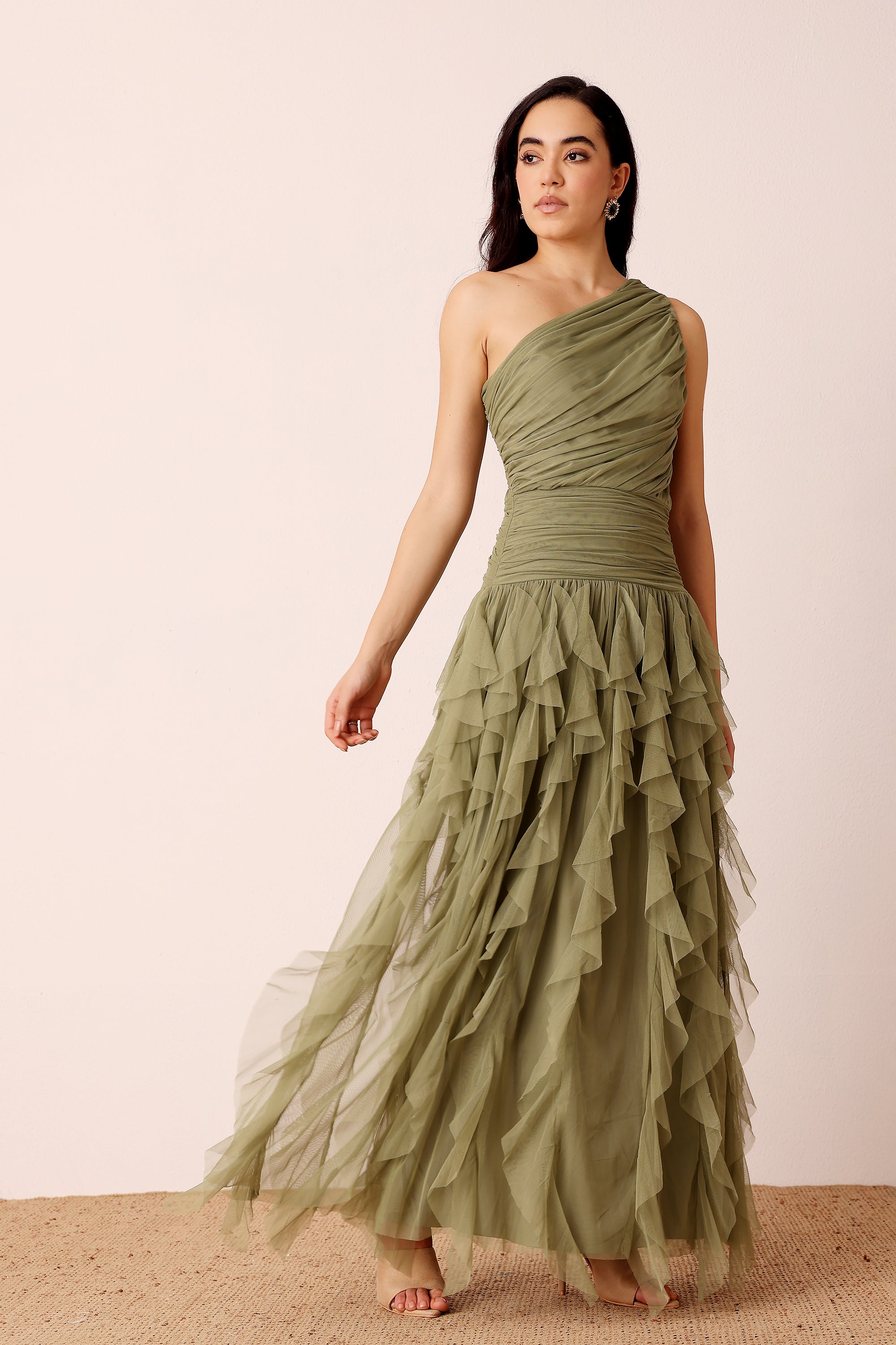 One Shoulder Tulle Ruffle Maxi Dress in Soft Olive