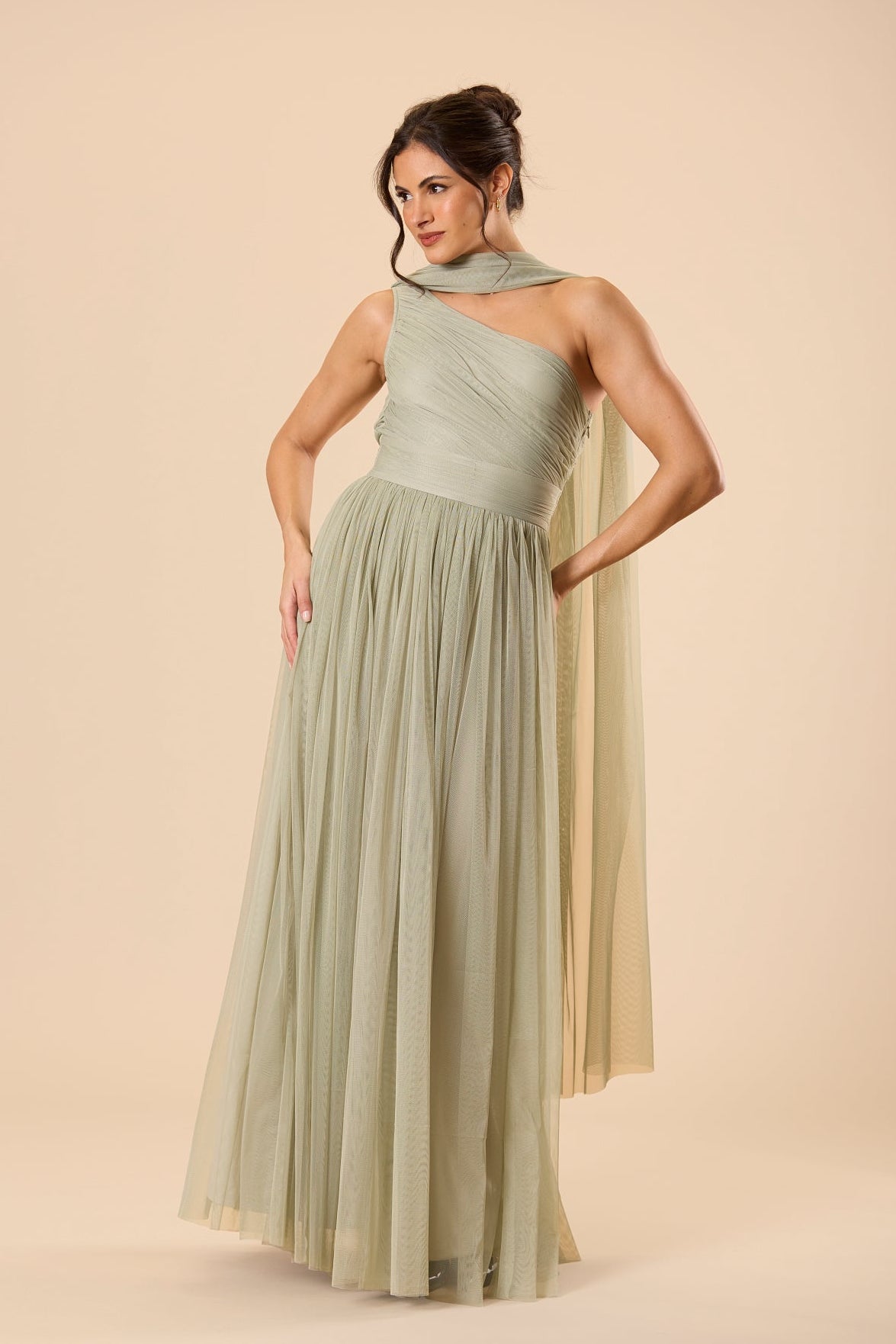 One Shoulder Tulle Maxi Dress in Dusty Sage with Scarf