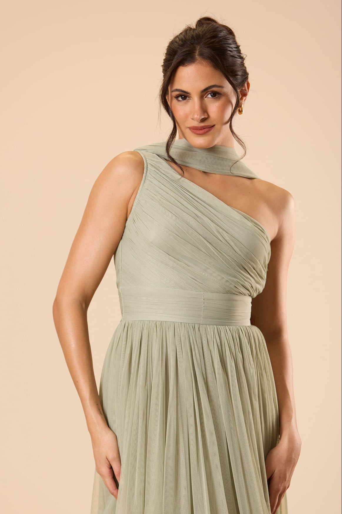 One Shoulder Tulle Maxi Dress in Dusty Sage with Scarf Lace & Beads One Shoulder Tulle Maxi Dress in Dusty Sage with Scarf Lace & Beads