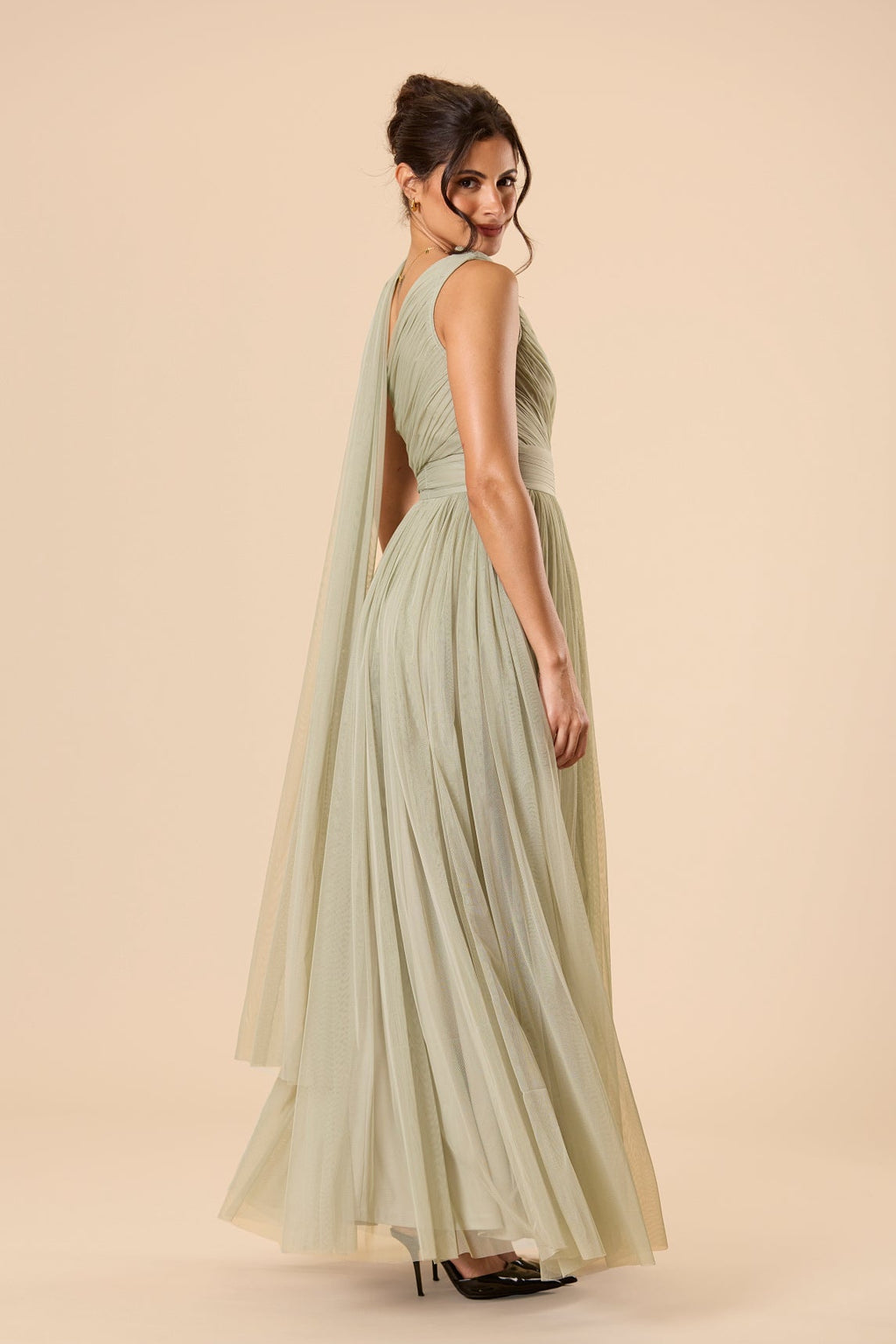 One Shoulder Tulle Maxi Dress in Dusty Sage with Scarf – Lace & Beads