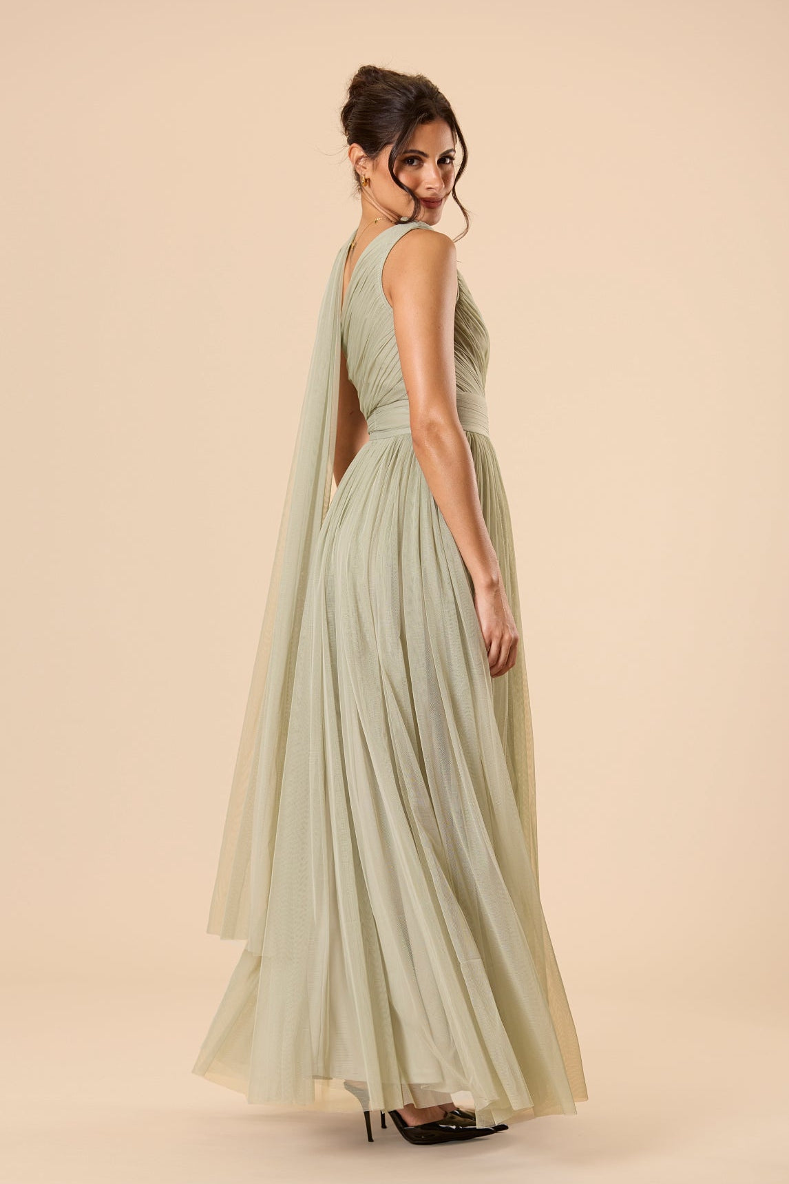 One Shoulder Scarf Maxi Bridesmaid Green Dusty Sage Formal Tulle Mesh