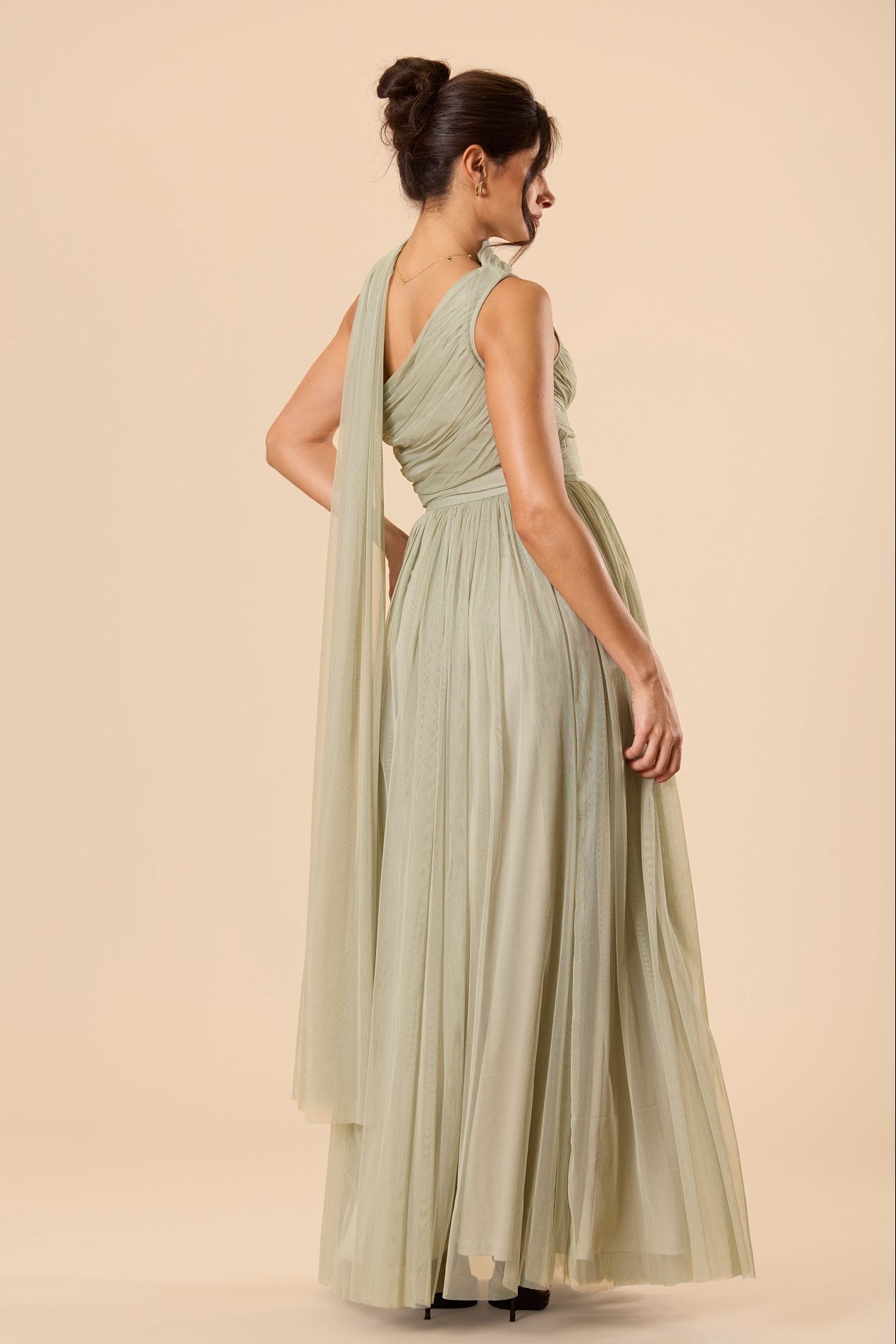 One Shoulder Tulle Maxi Dress in Dusty Sage with Scarf