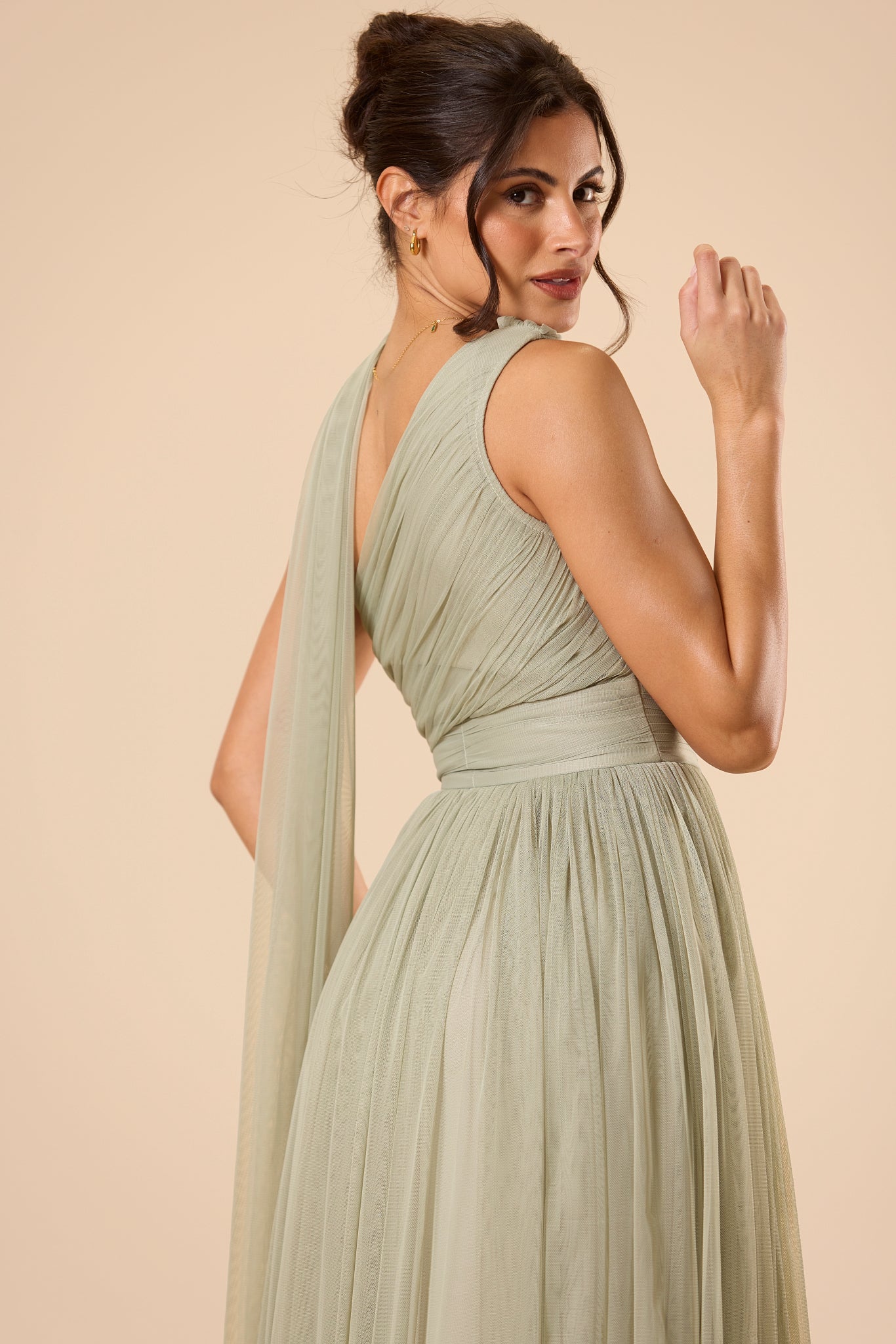 One Shoulder Tulle Maxi Dress in Dusty Sage with Scarf
