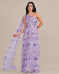 One Shoulder Tulle Maxi Dress in Lilac Floral with Scarf