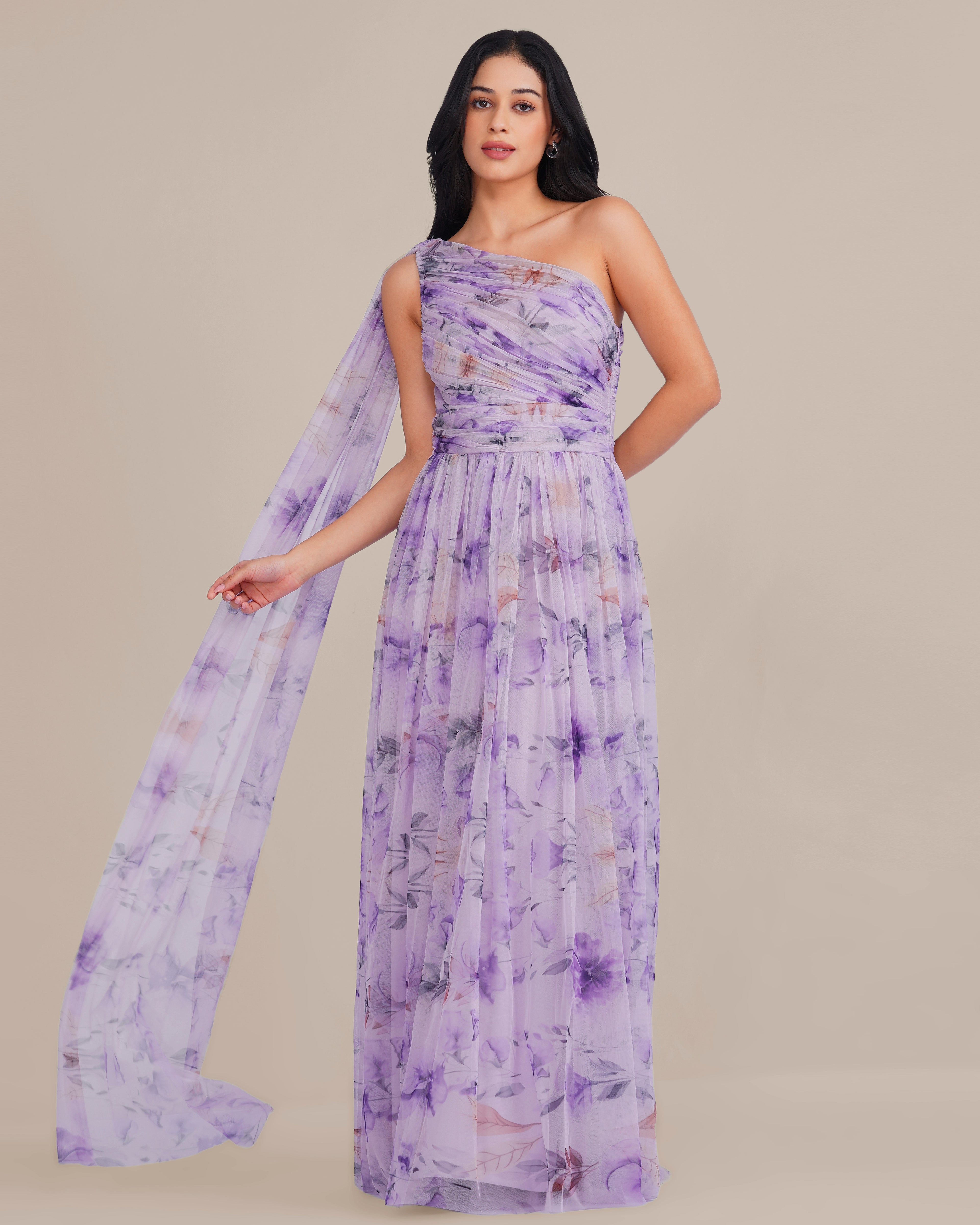 One Shoulder Tulle Maxi Dress in Lilac Floral with Scarf