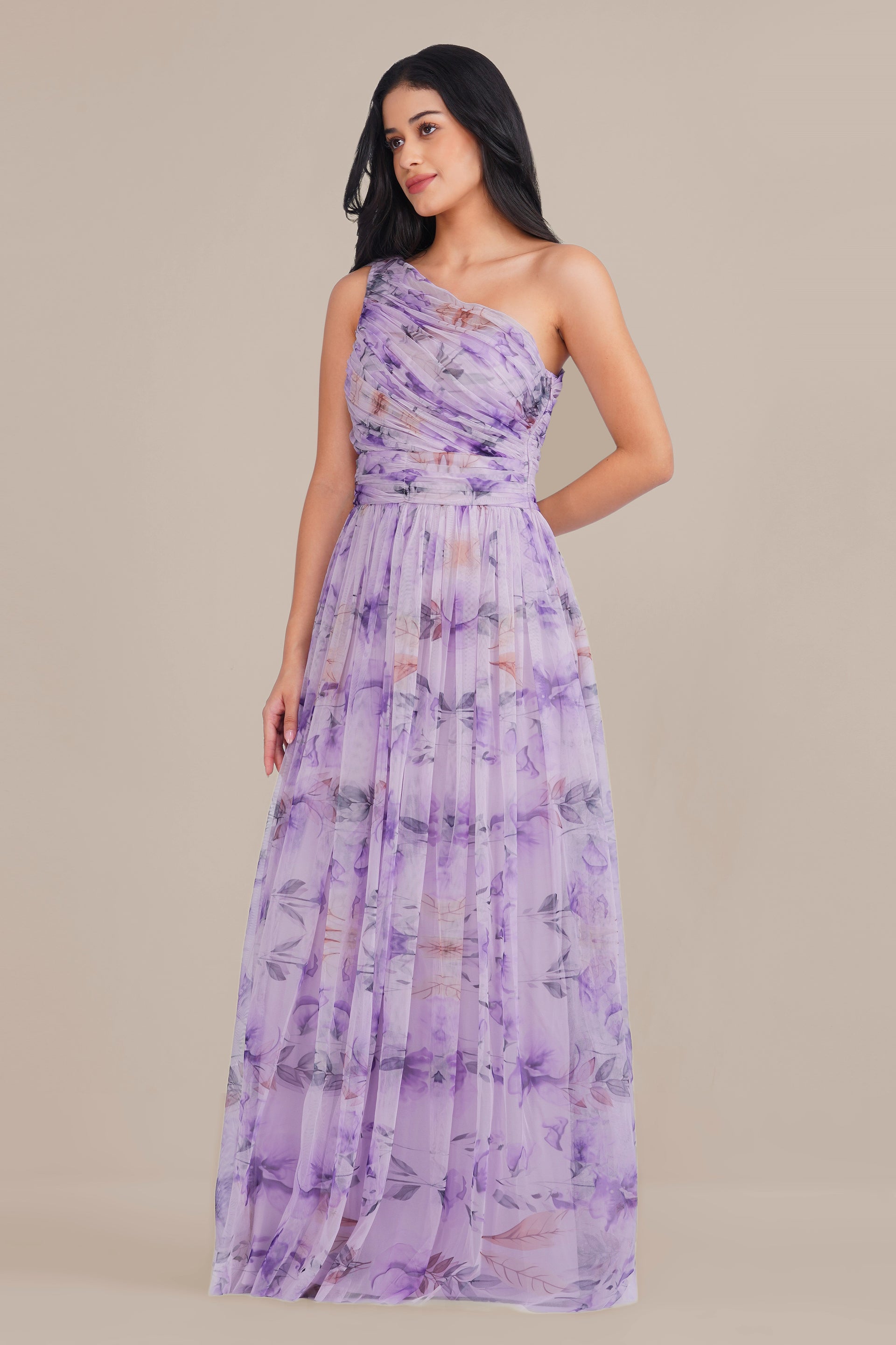 One Shoulder Tulle Maxi Dress in Lilac Floral with Scarf