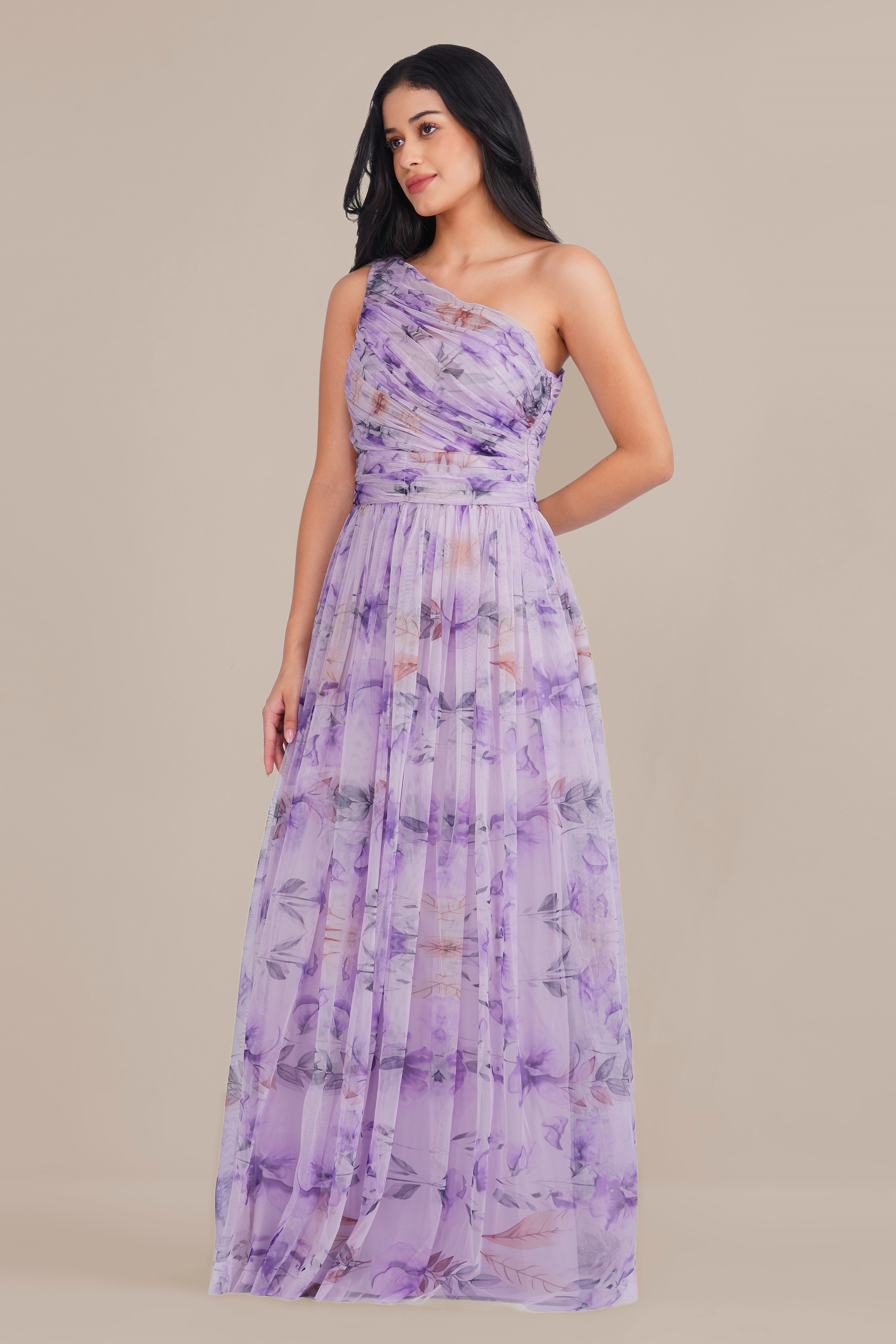 One Shoulder Tulle Maxi Dress in Lilac Floral with Scarf