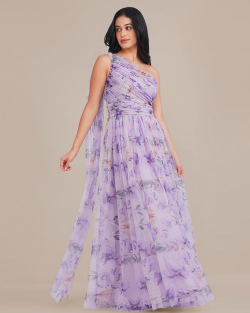 One Shoulder Tulle Maxi Dress in Lilac Floral with Scarf