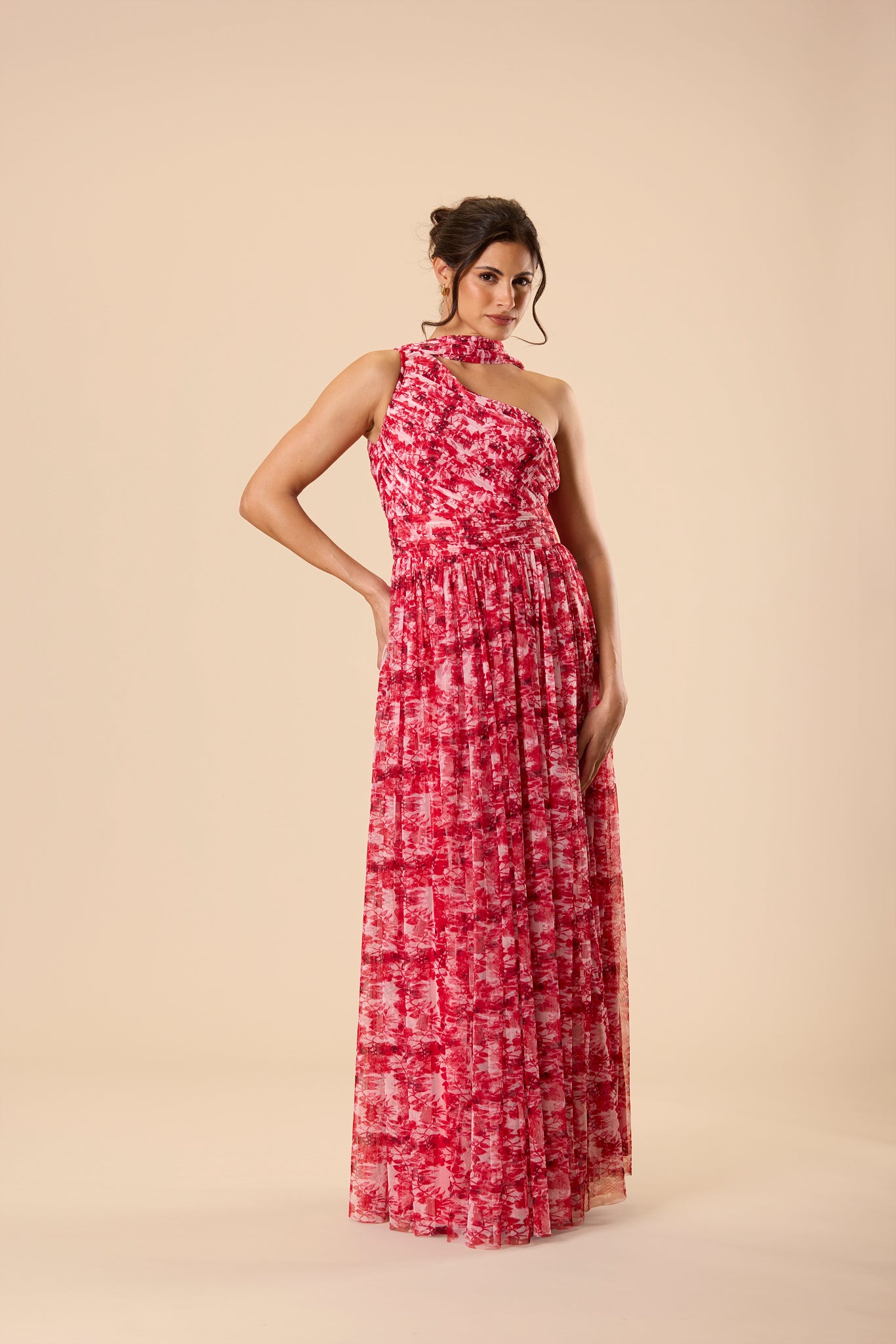 One Shoulder Tulle Maxi Dress in Red Floral with Scarf