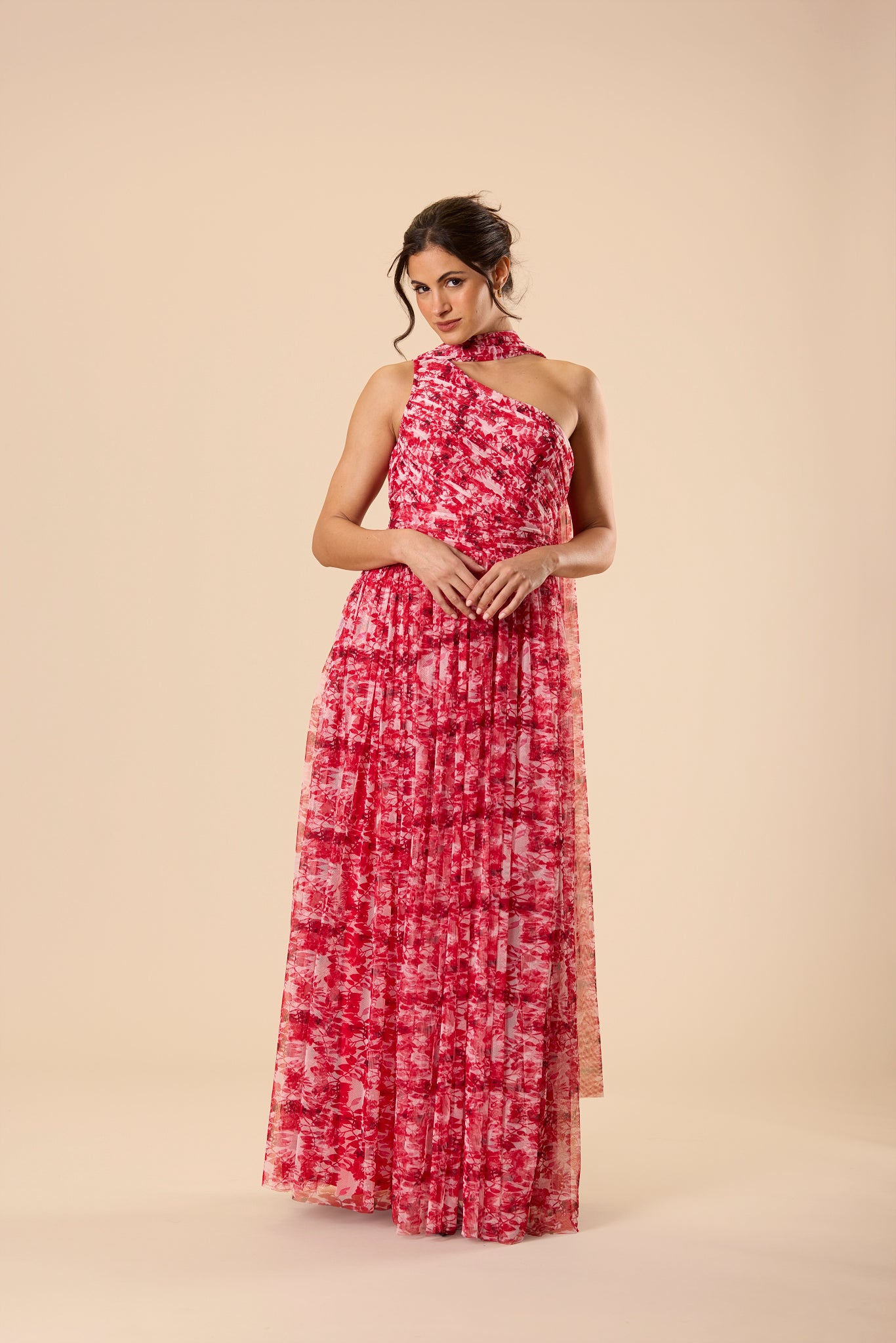 One Shoulder Tulle Maxi Dress in Red Floral with Scarf