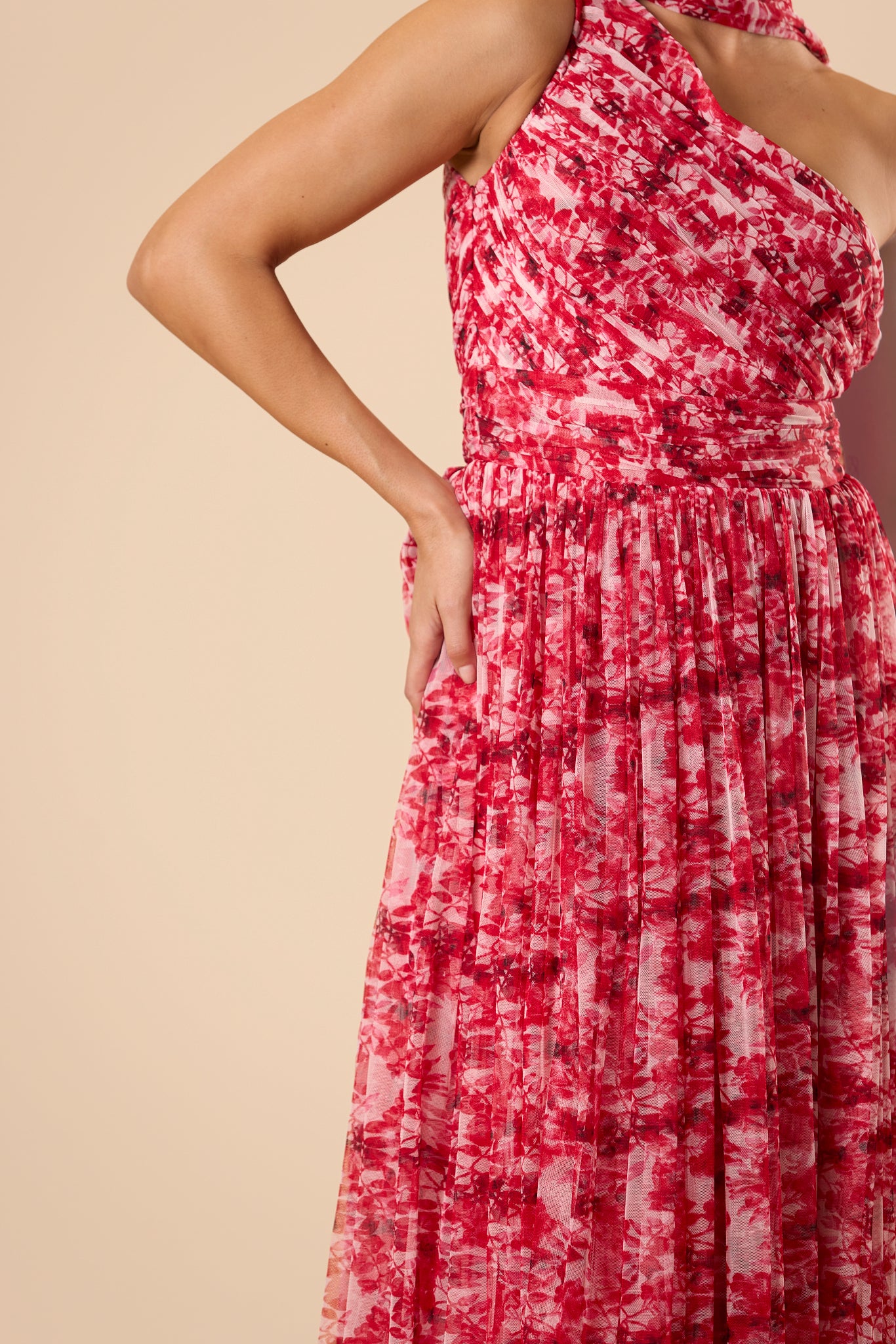 One Shoulder Tulle Maxi Dress in Red Floral with Scarf