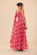 Bridesmaid Red Floral Print Wedding Guest One Shoulder Scarf Tulle Mesh Maxi Dres