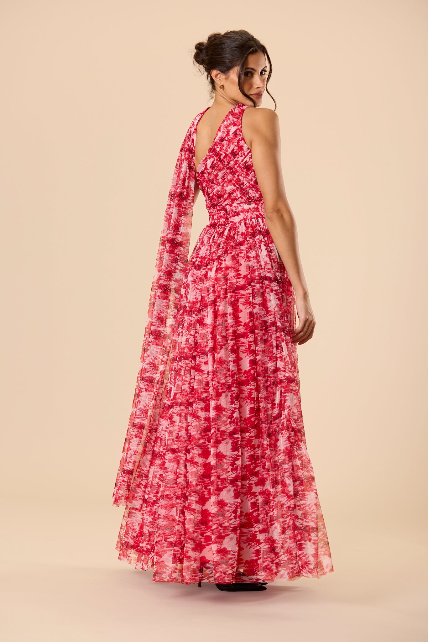 Bridesmaid Red Floral Print Wedding Guest One Shoulder Scarf Tulle Mesh Maxi Dres