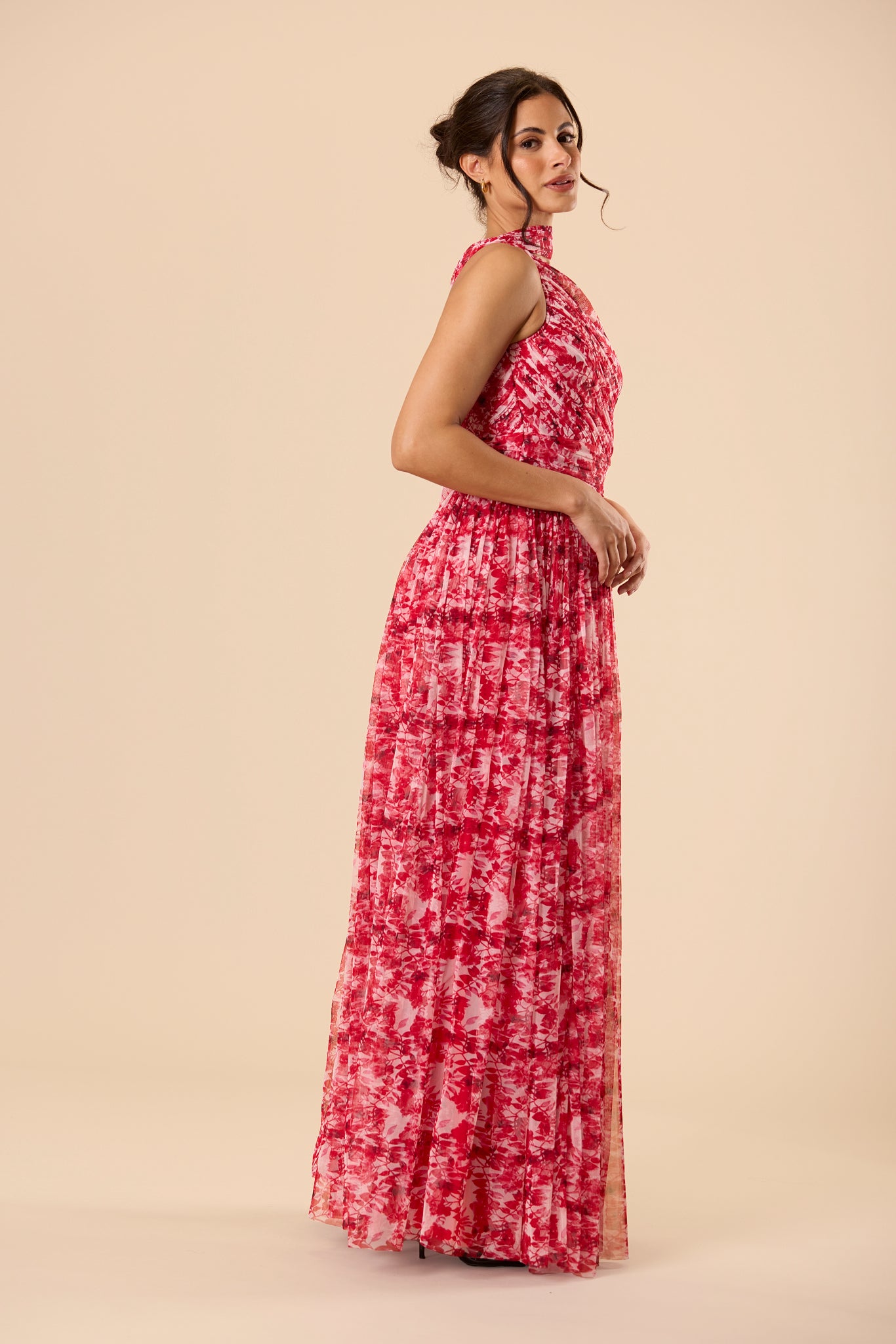 One Shoulder Tulle Maxi Dress in Red Floral with Scarf