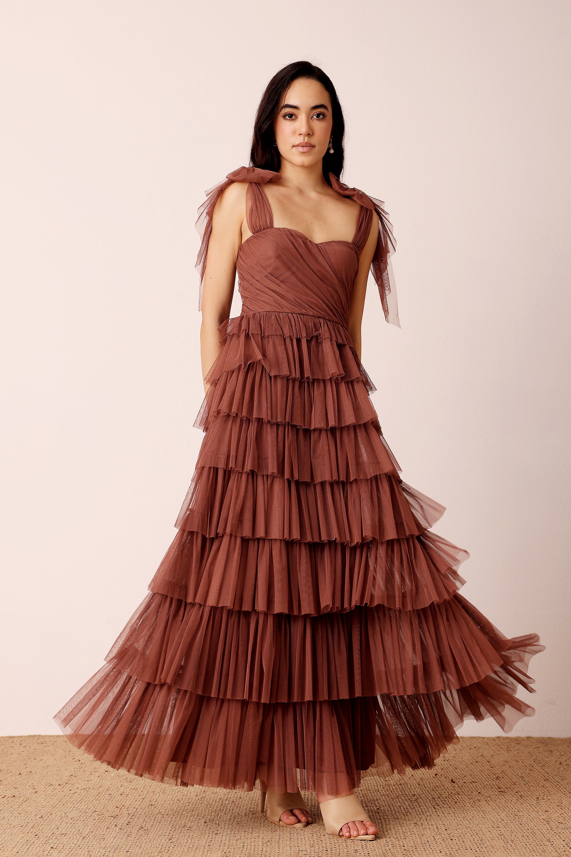 Ophelia Tulle Maxi Dress with Tie Detail in Rose Brown