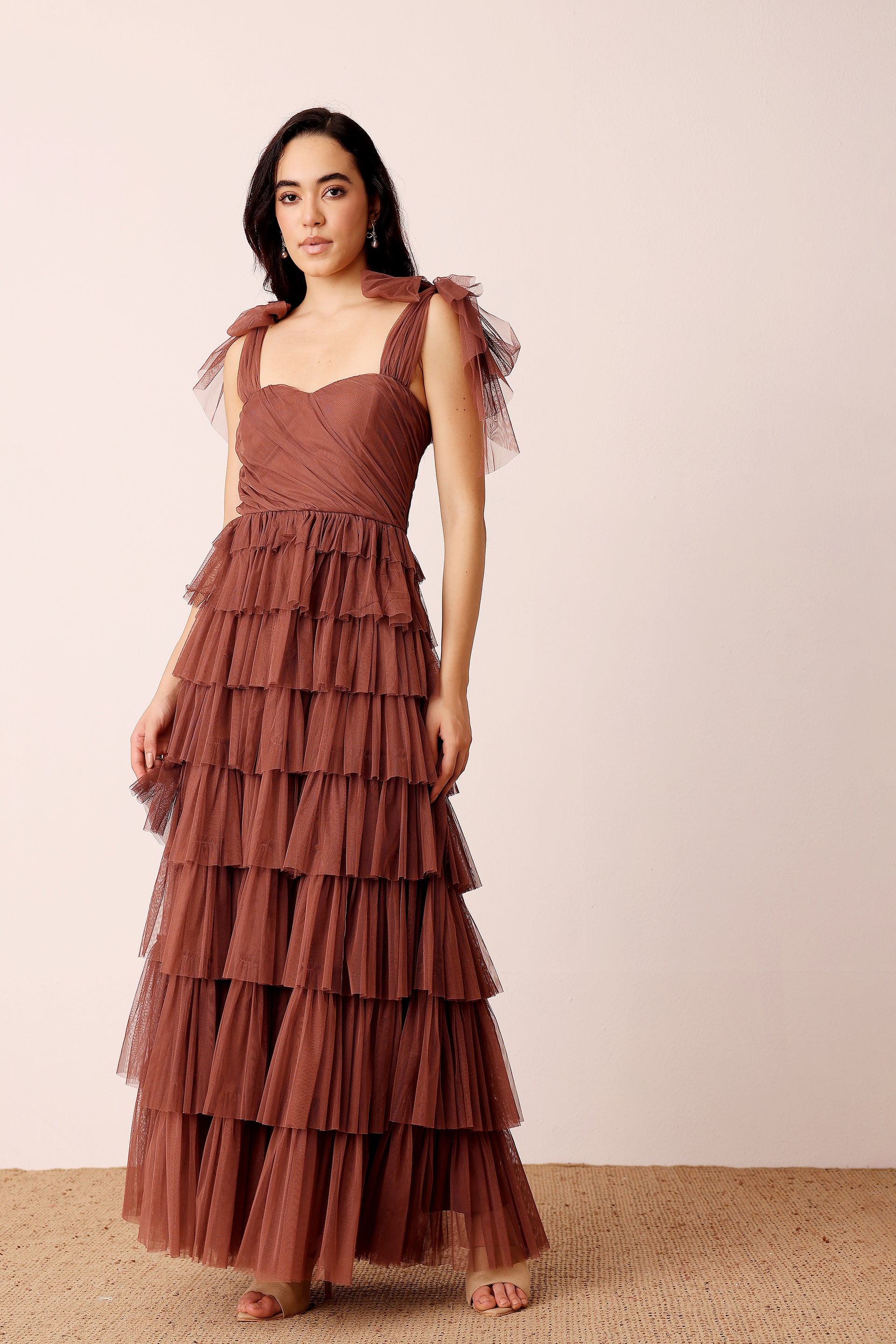 Ophelia Tulle Maxi Dress with Tie Detail in Rose Brown
