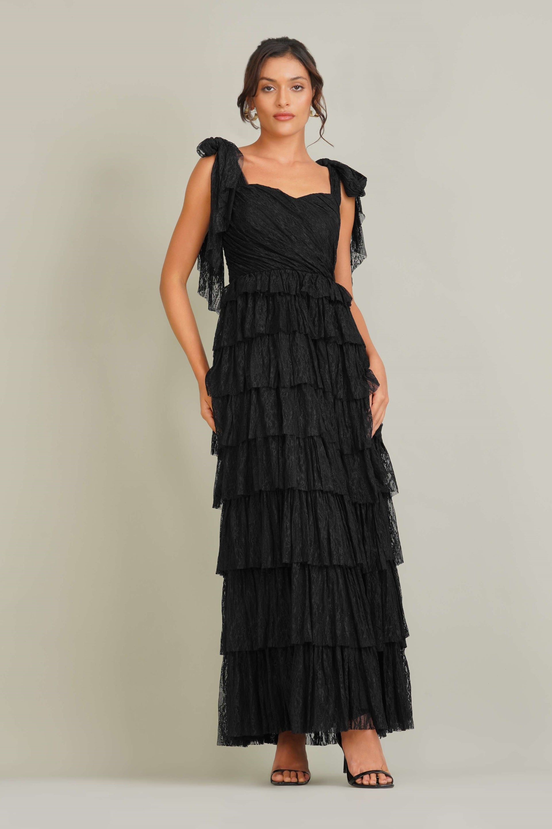 Lace bow shoulder sweetheart neckline tiered skirt maxi gothic halloween black dress
