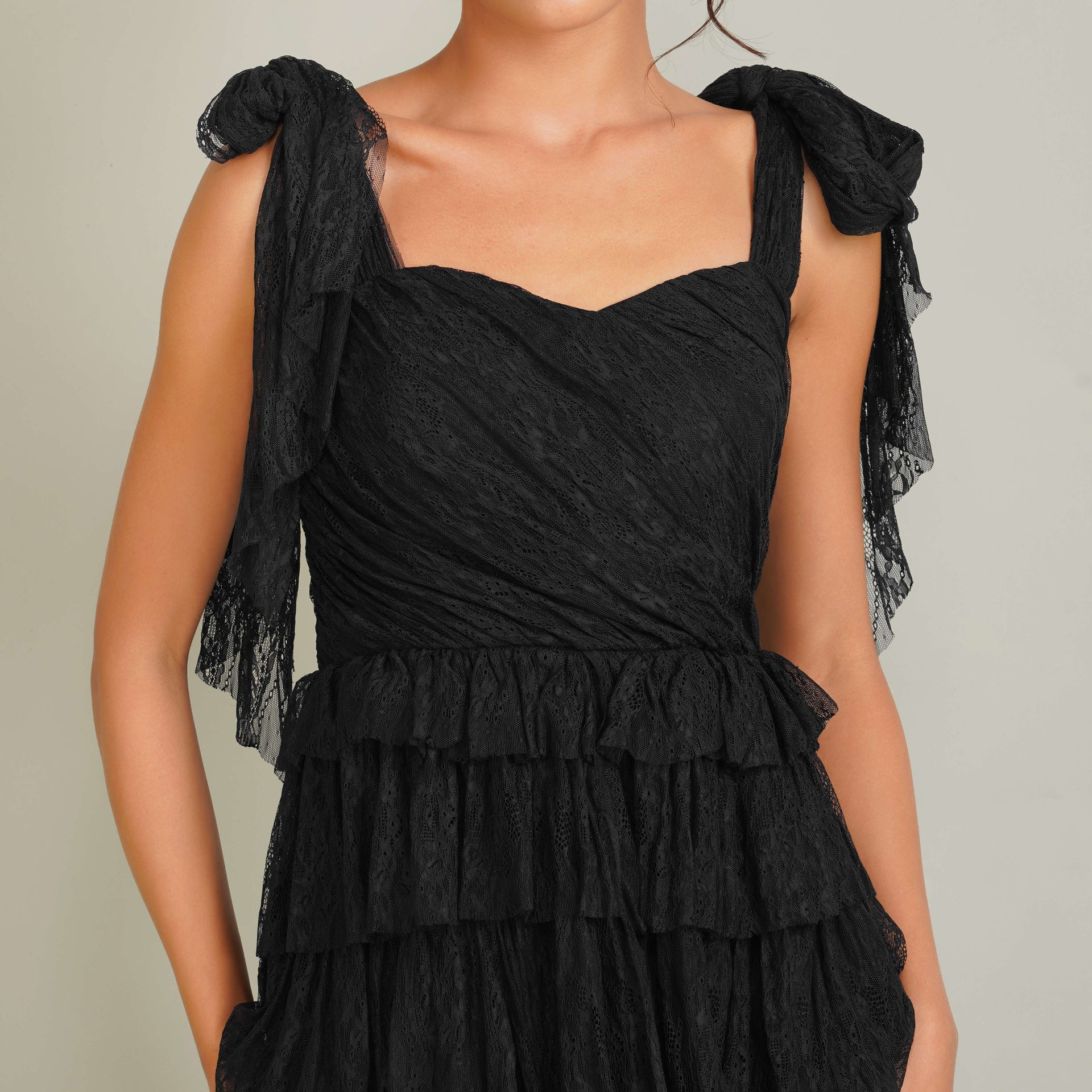 Ophelia Lace Maxi Dress with Tie Detail in Black