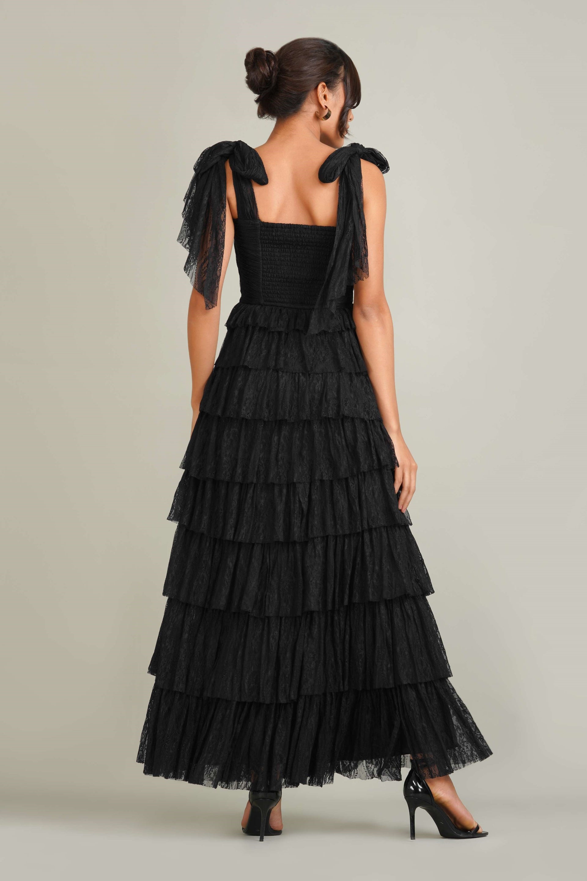 Ophelia Lace Maxi Dress with Tie Detail in Black