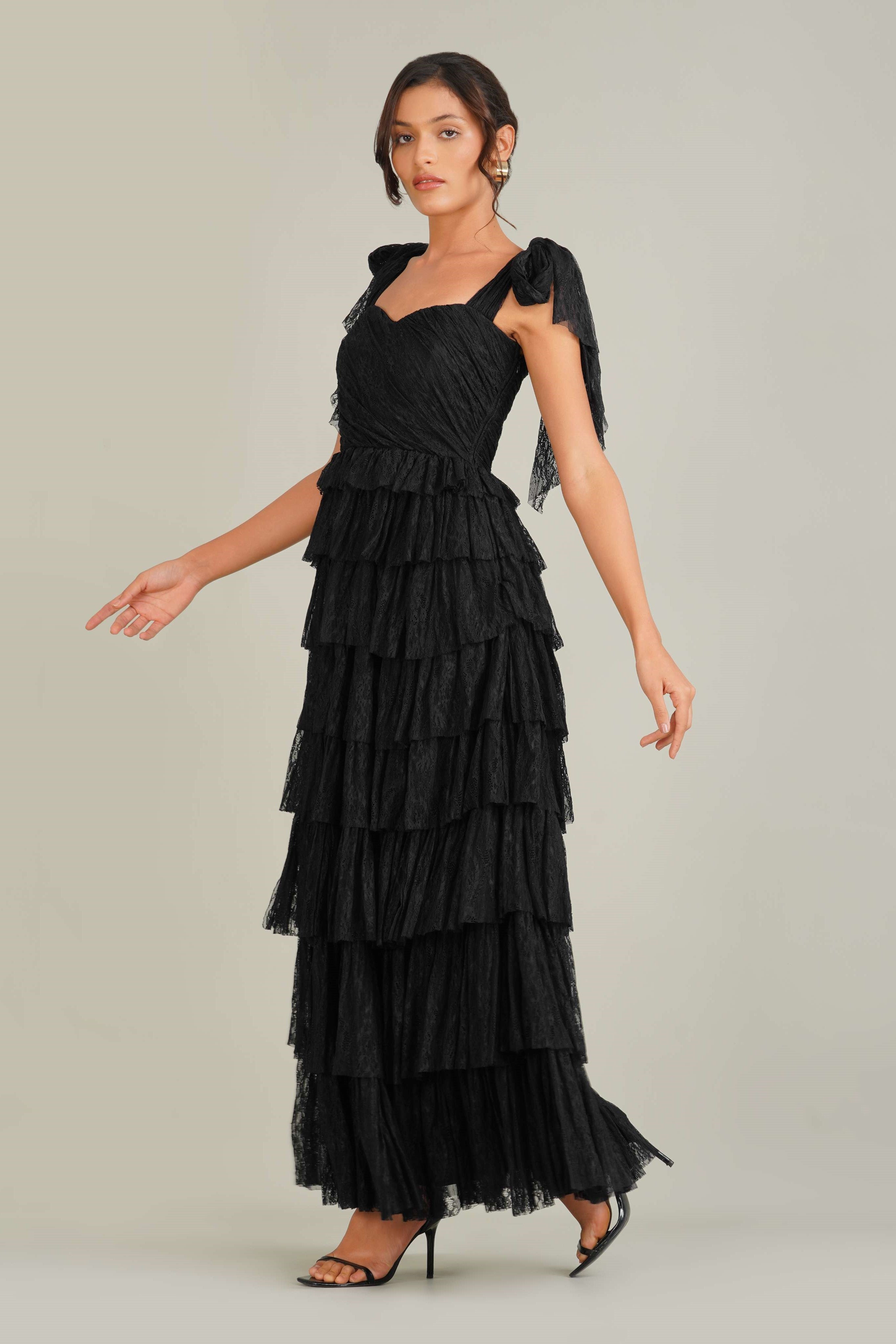 Ophelia Lace Maxi Dress with Tie Detail in Black