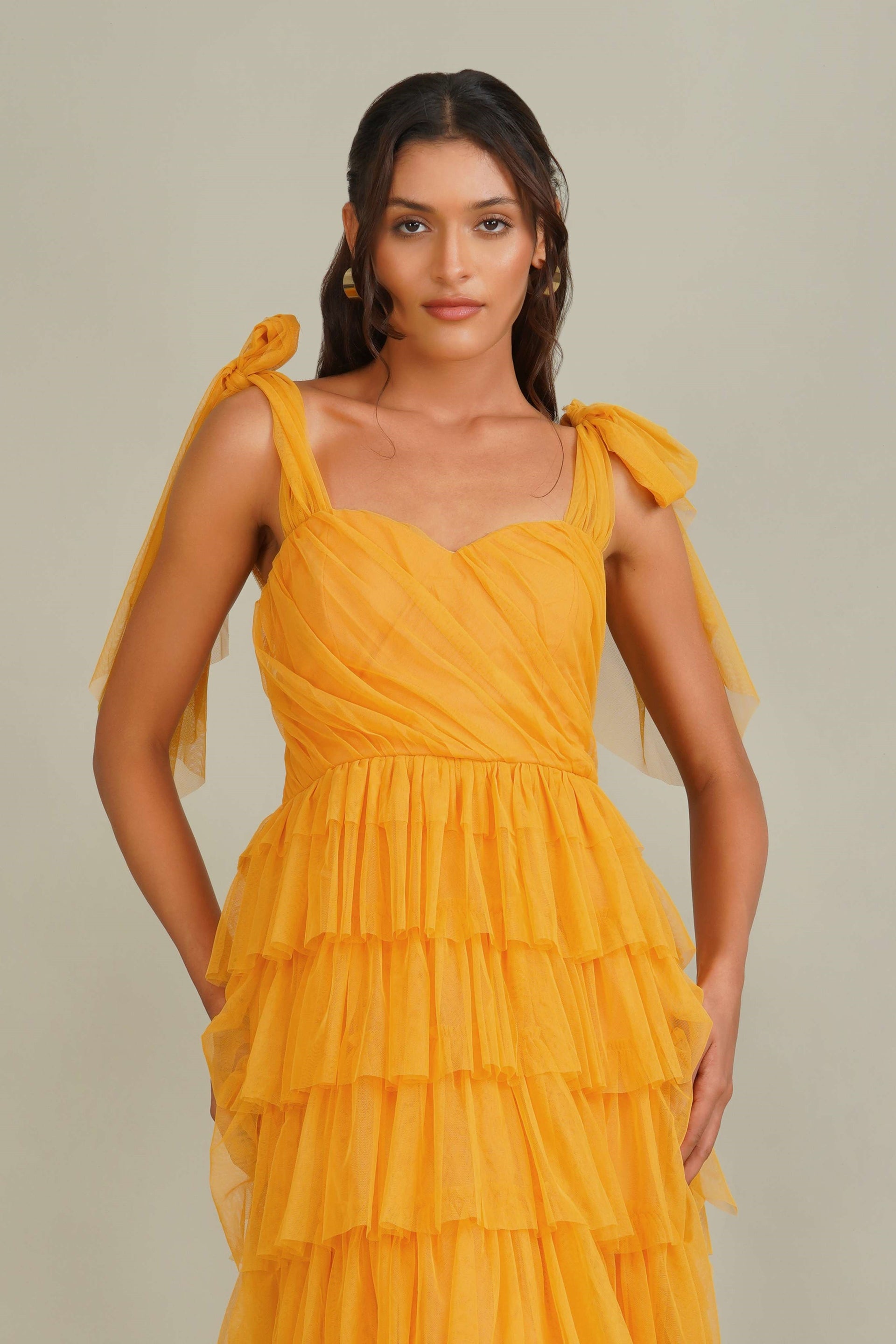 Ophelia Tulle Maxi Dress with Tie Detail in Butterscotch