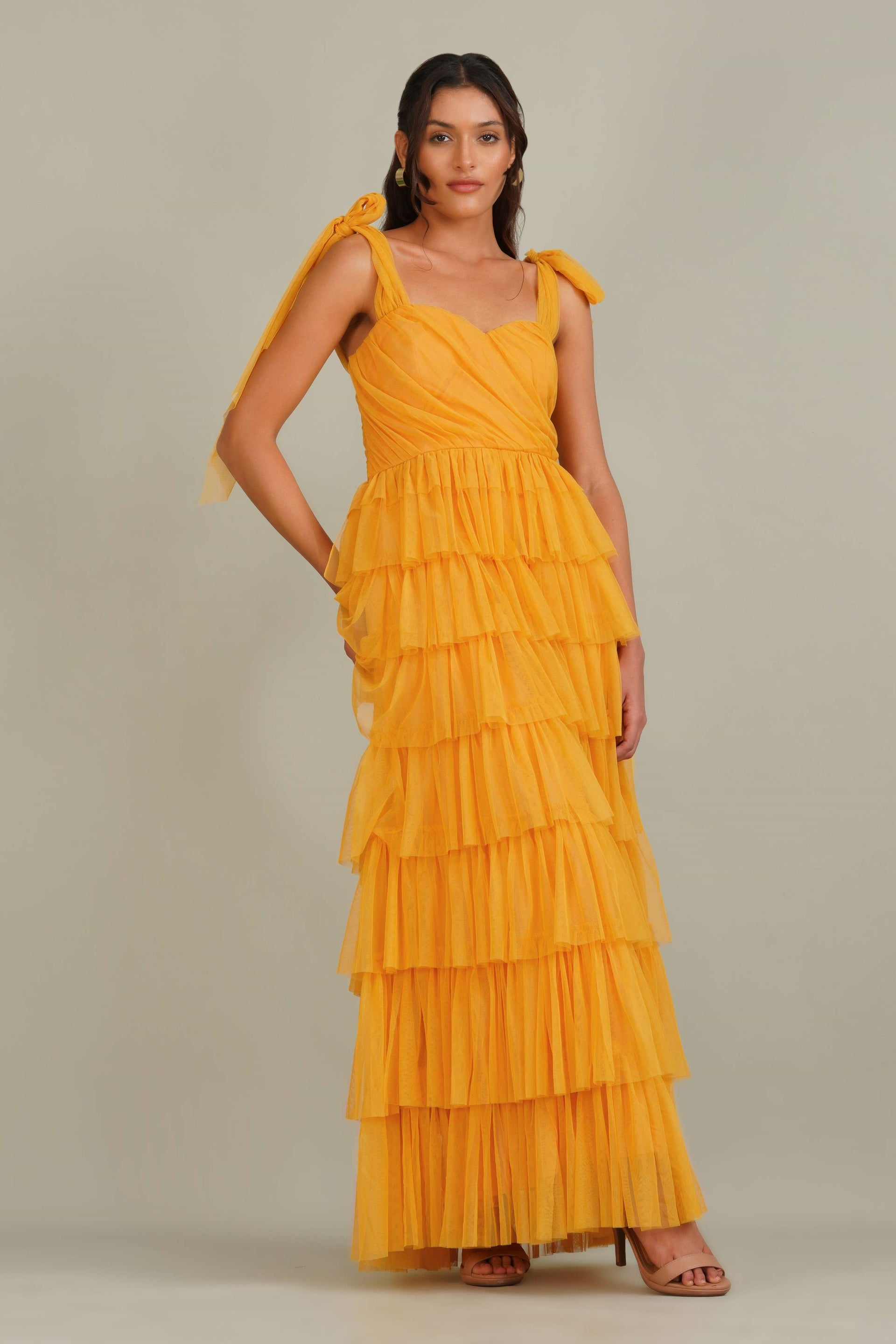 Ophelia Tulle Maxi Dress with Tie Detail in Butterscotch