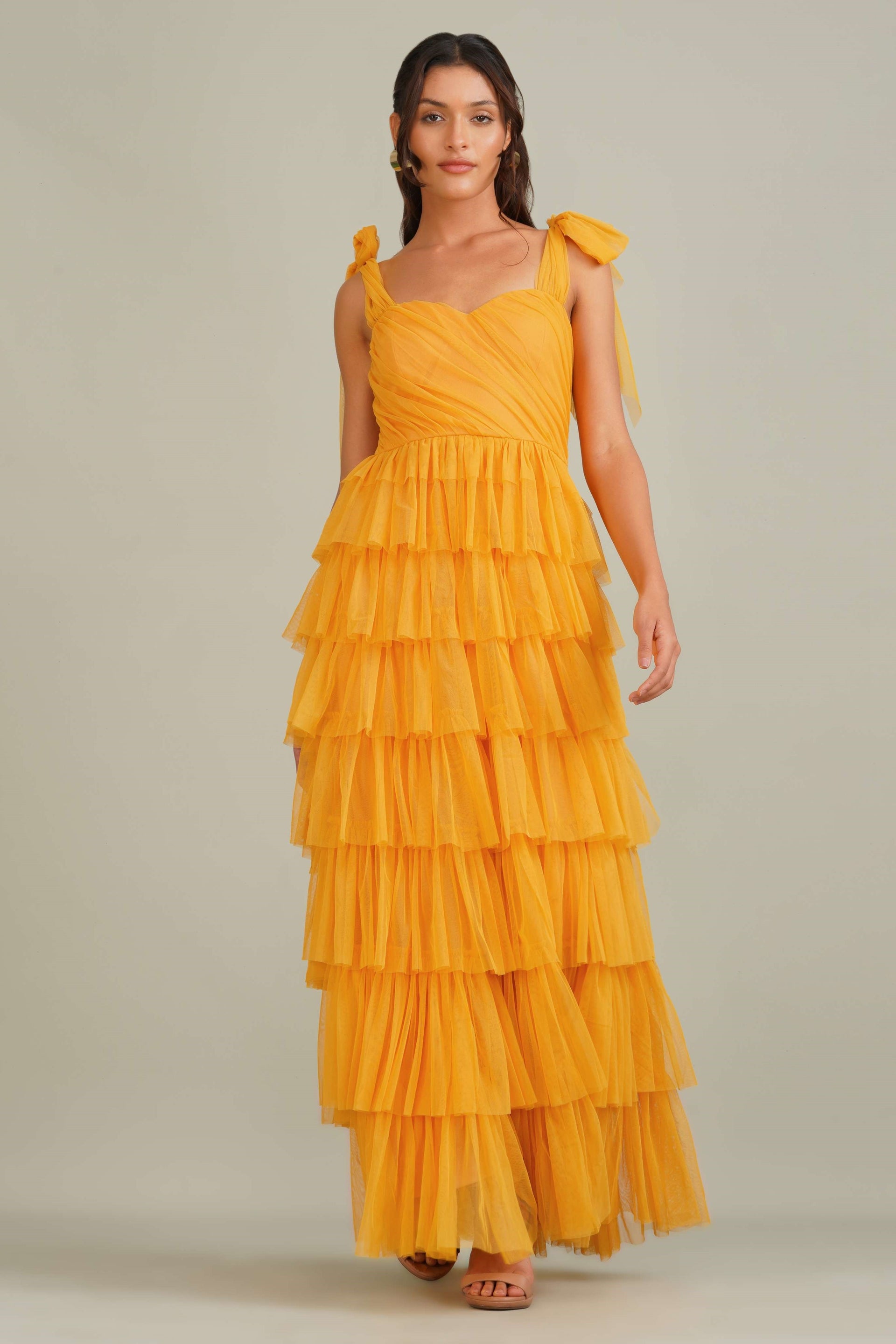 Ophelia Tulle Maxi Dress with Tie Detail in Butterscotch