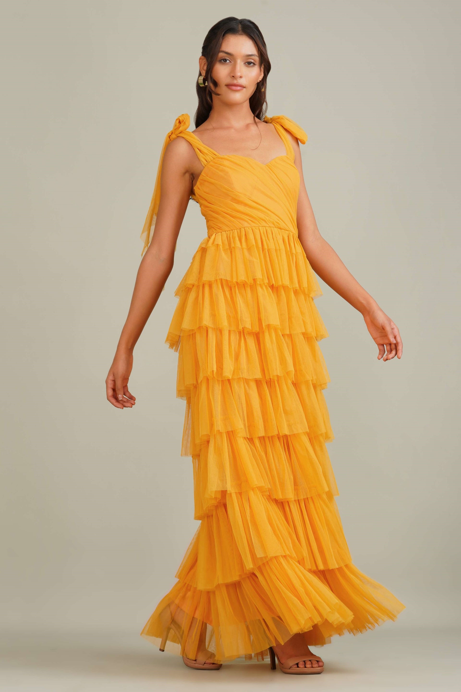Ophelia Tulle Maxi Dress with Tie Detail in Butterscotch