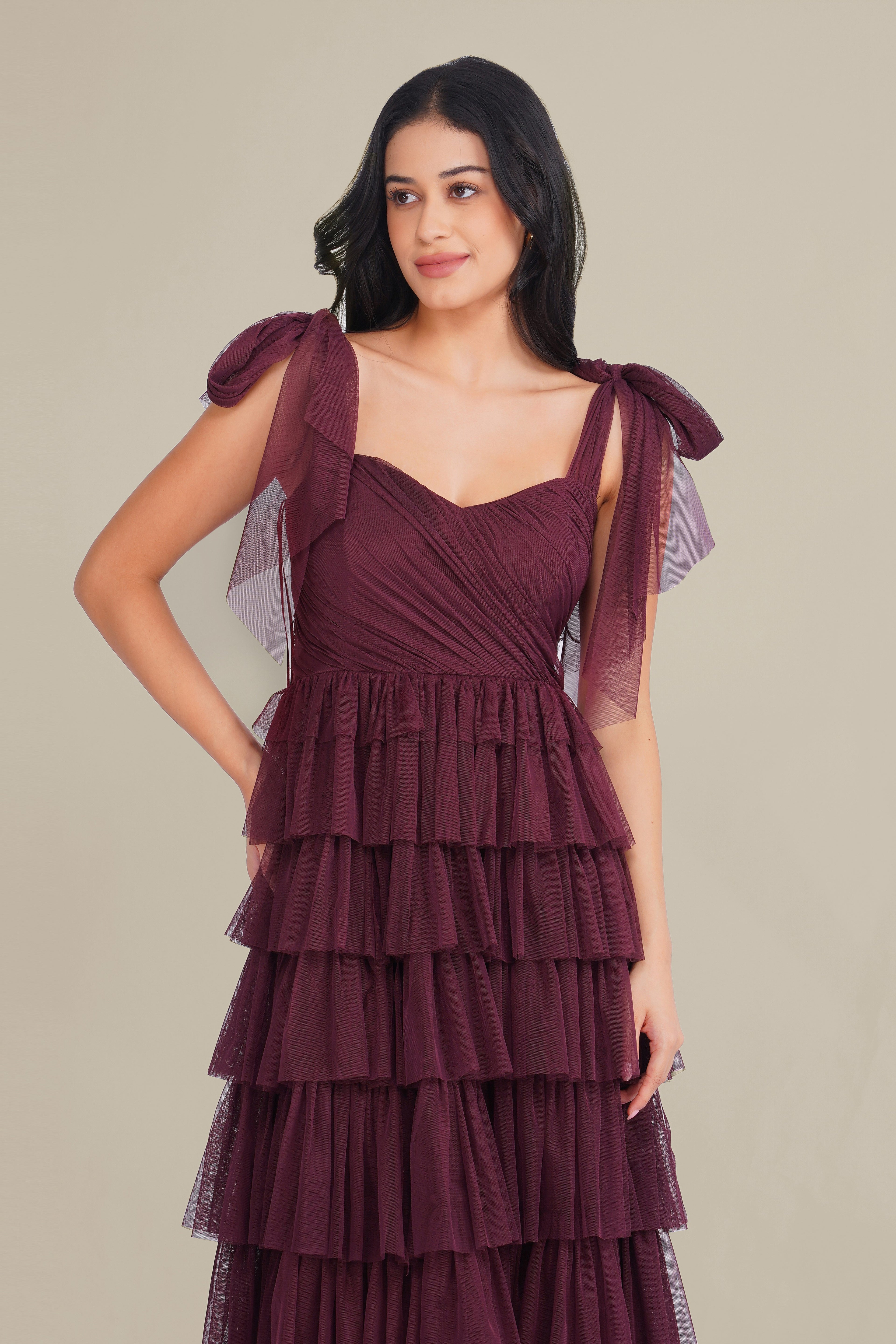 Ophelia Tulle Maxi Dress with Tie Detail in Plum