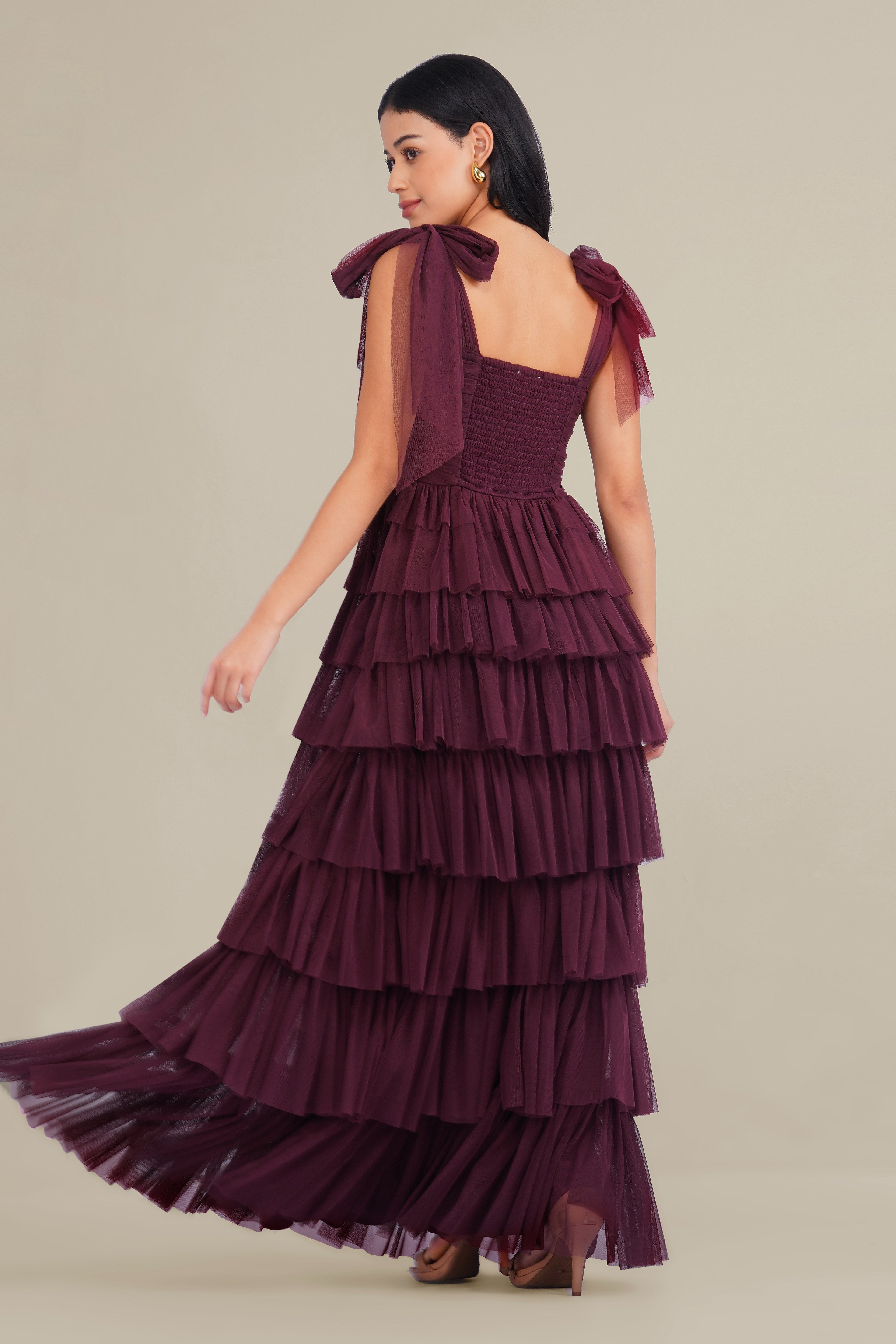 Ophelia Tulle Maxi Dress with Tie Detail in Plum