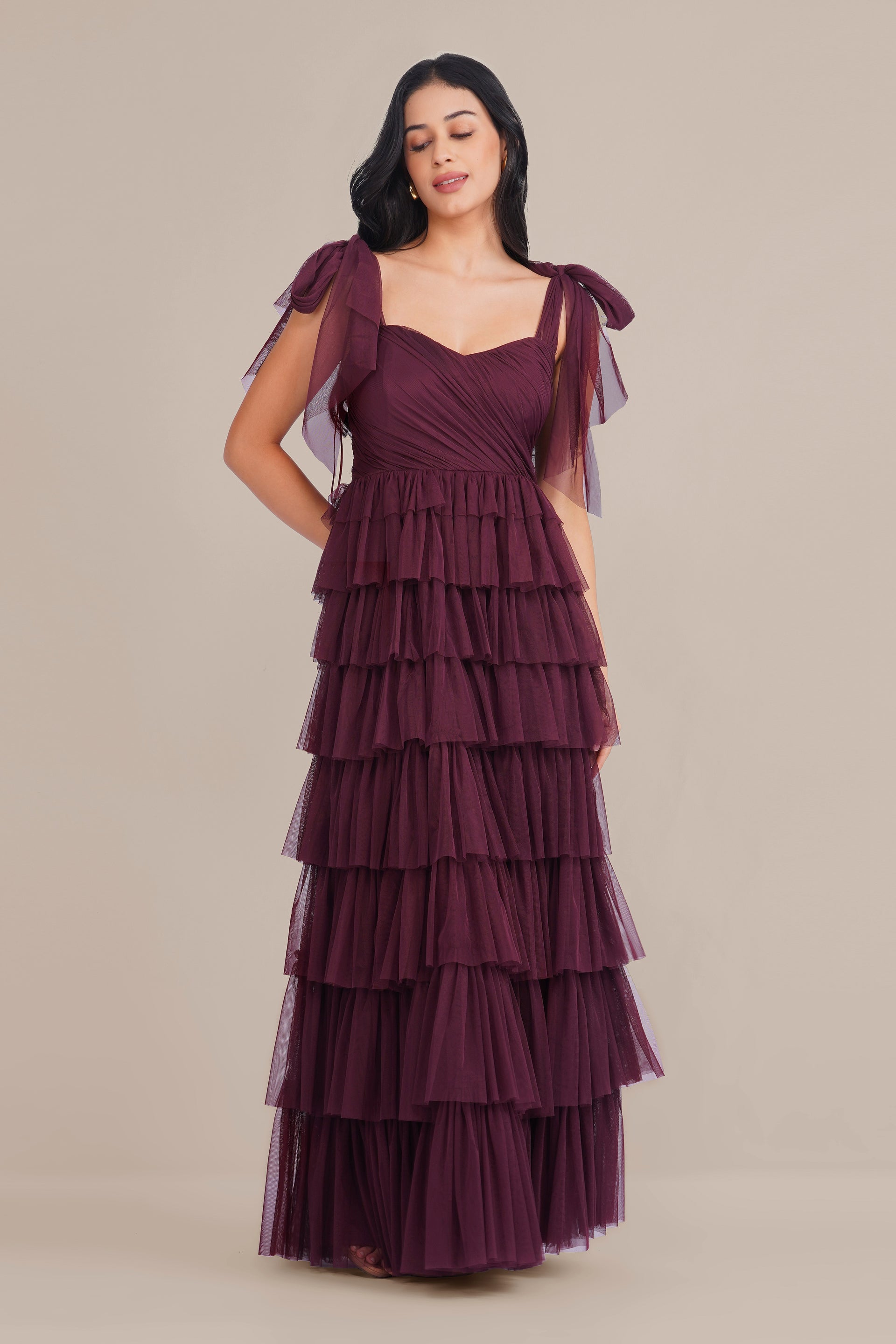 Ophelia Tulle Maxi Dress with Tie Detail in Plum
