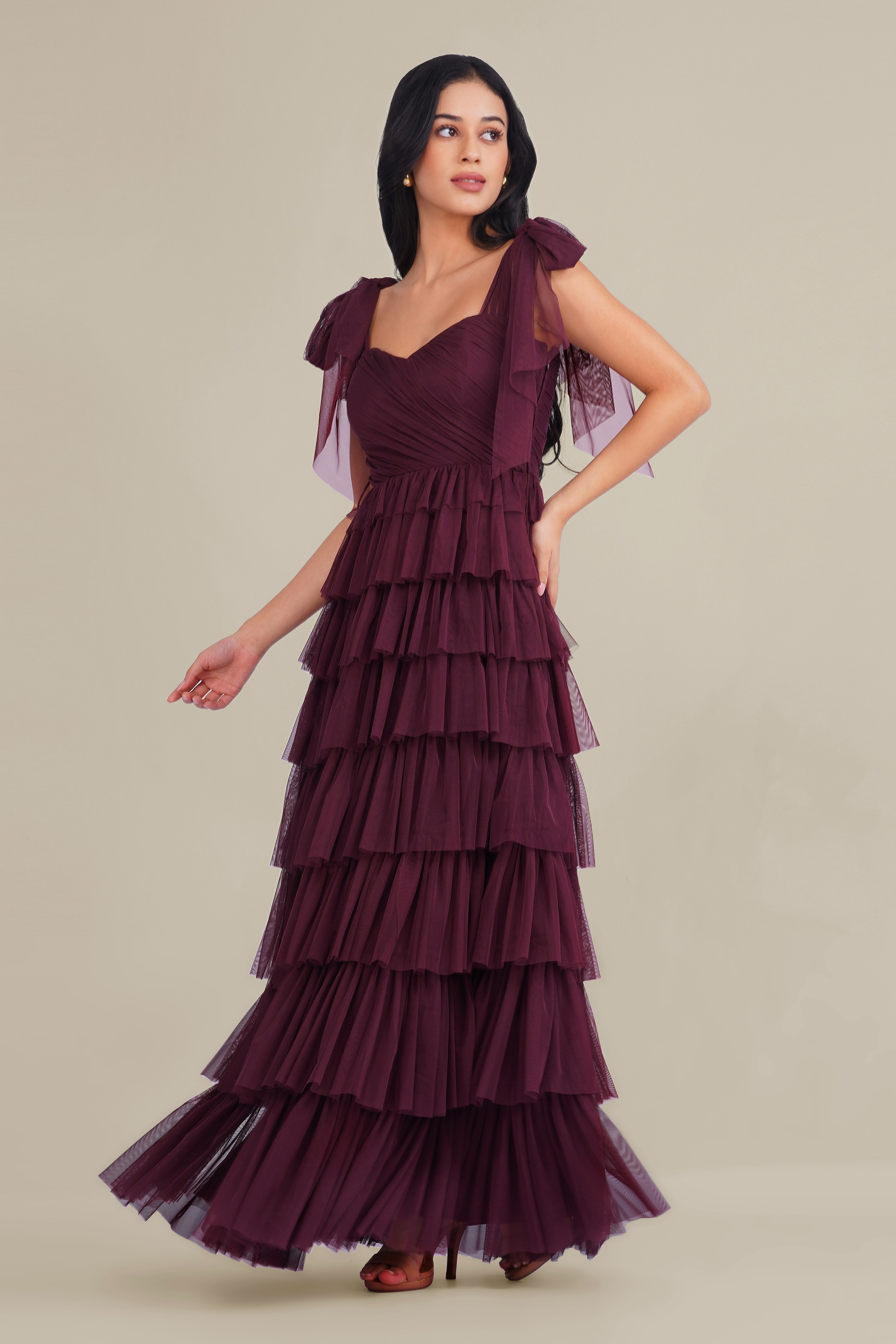 Ophelia Tulle Maxi Dress with Tie Detail in Plum