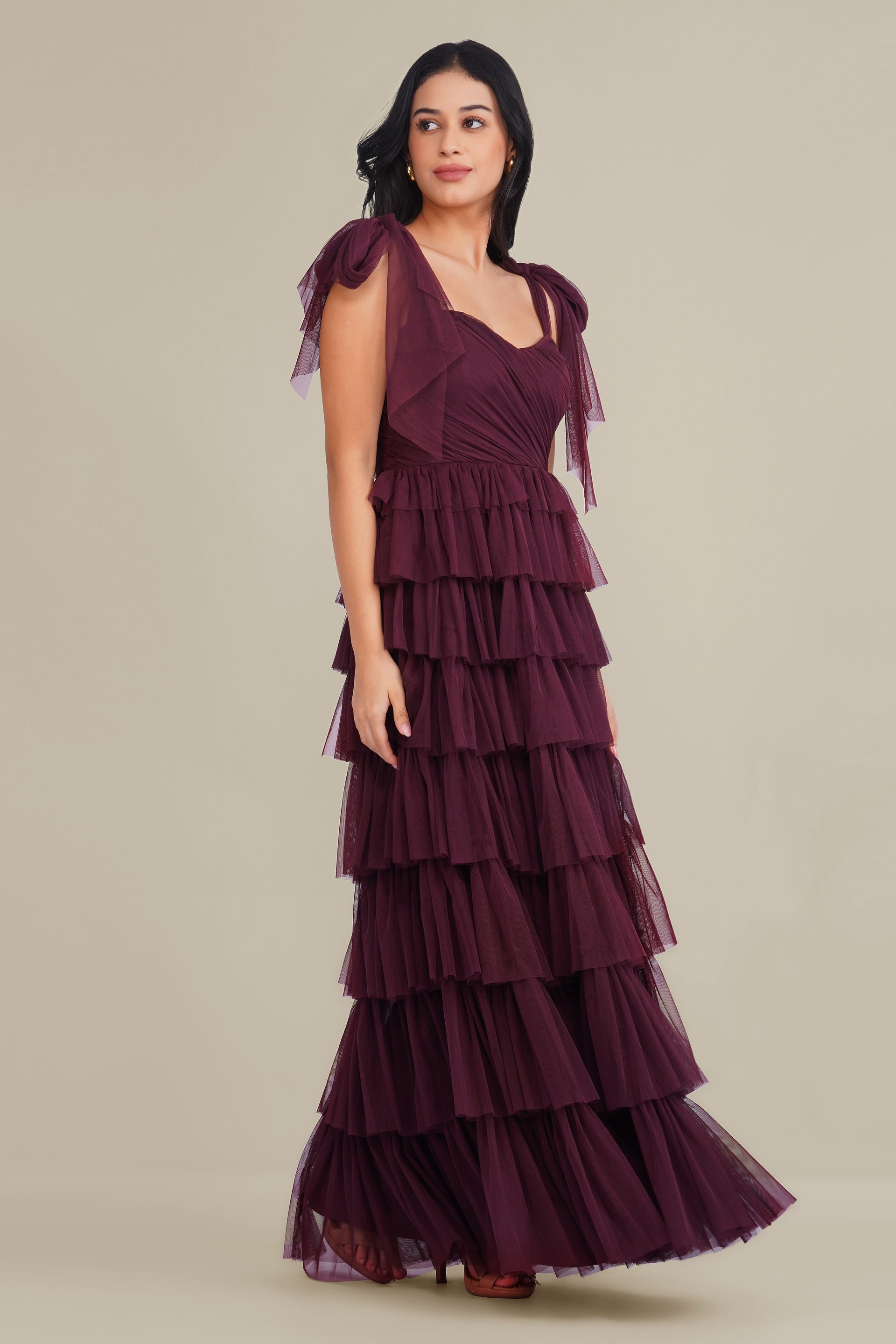 Ophelia Tulle Maxi Dress with Tie Detail in Plum