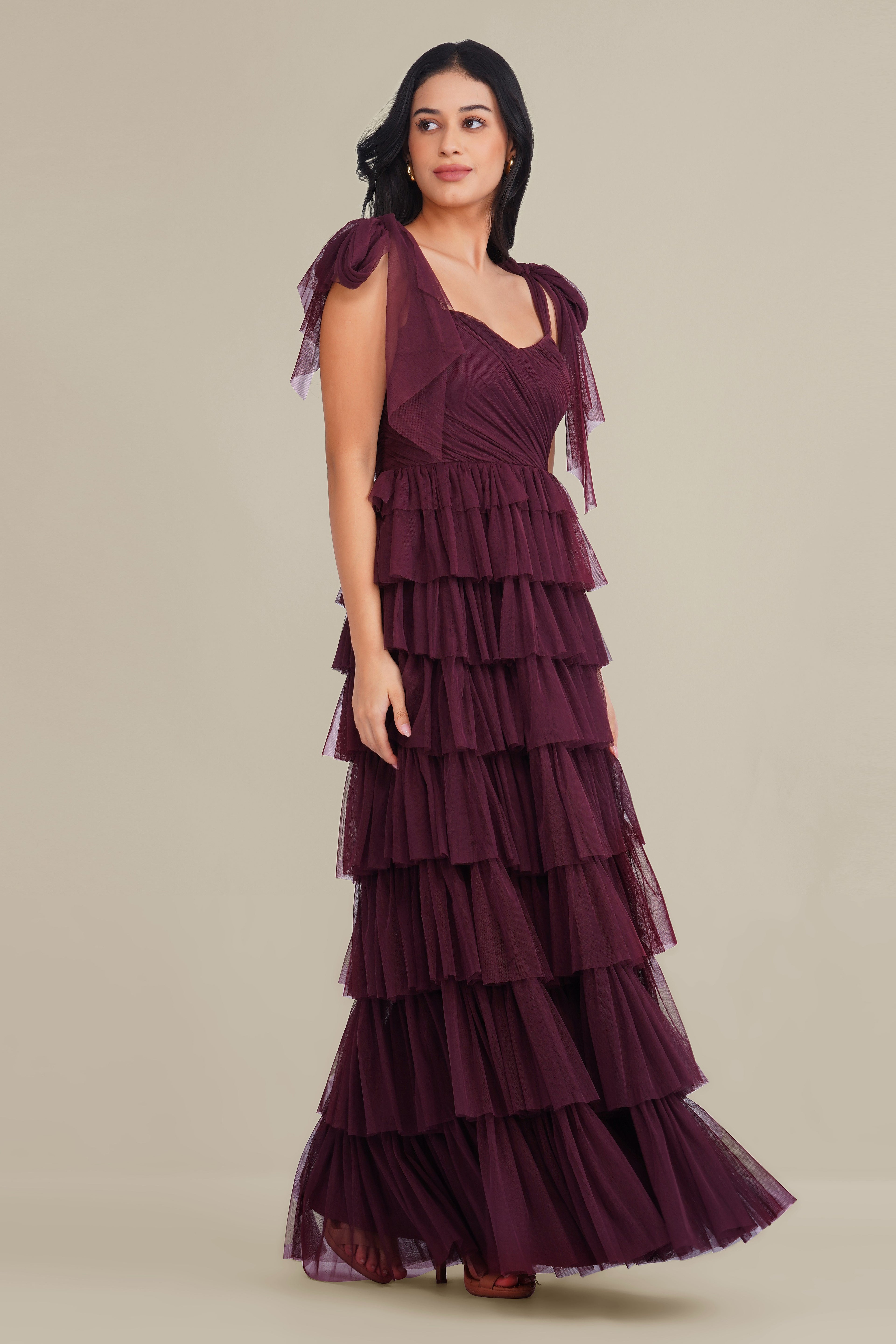 Ophelia Tulle Maxi Dress with Tie Detail in Plum
