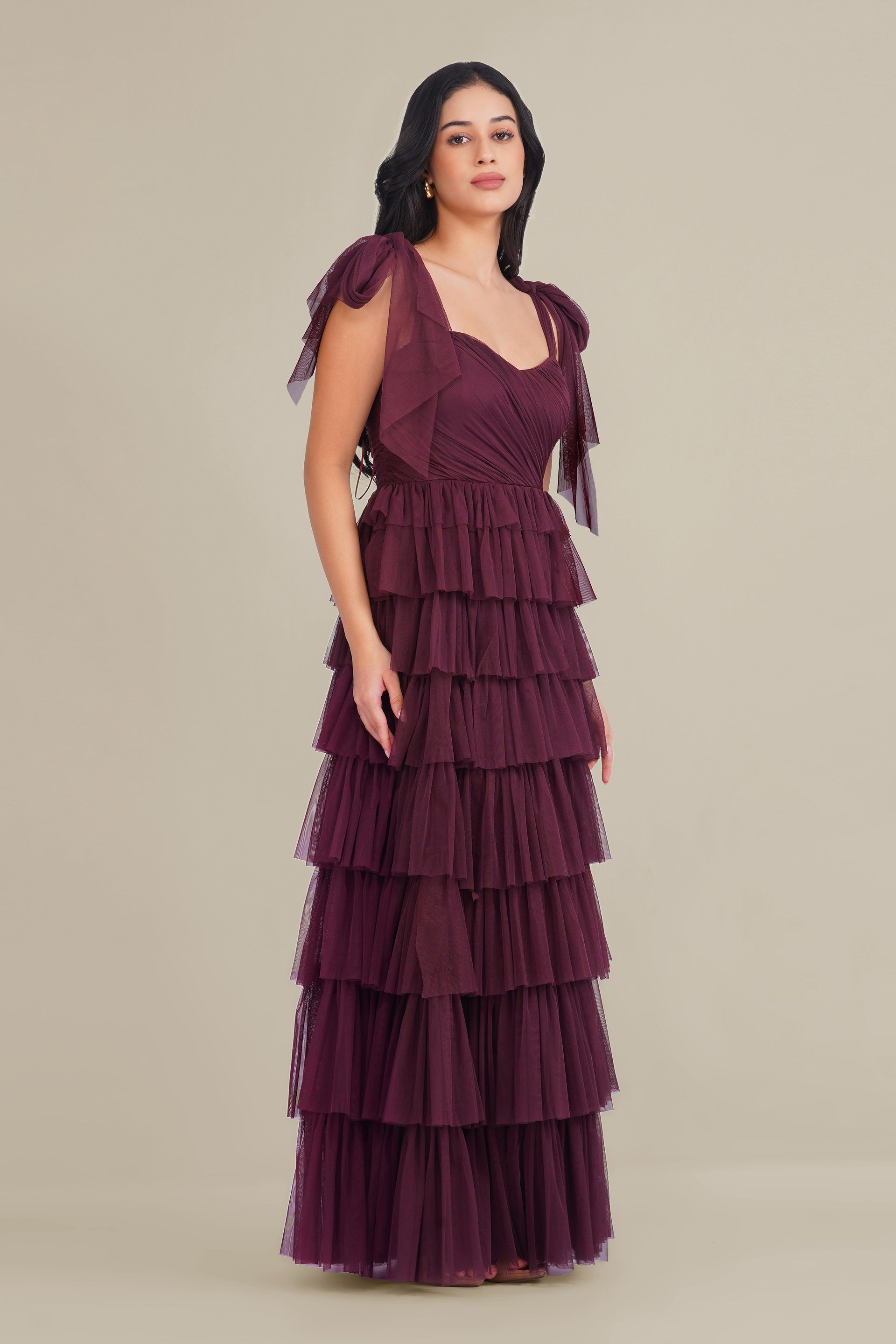 Ophelia Tulle Maxi Dress with Tie Detail in Plum