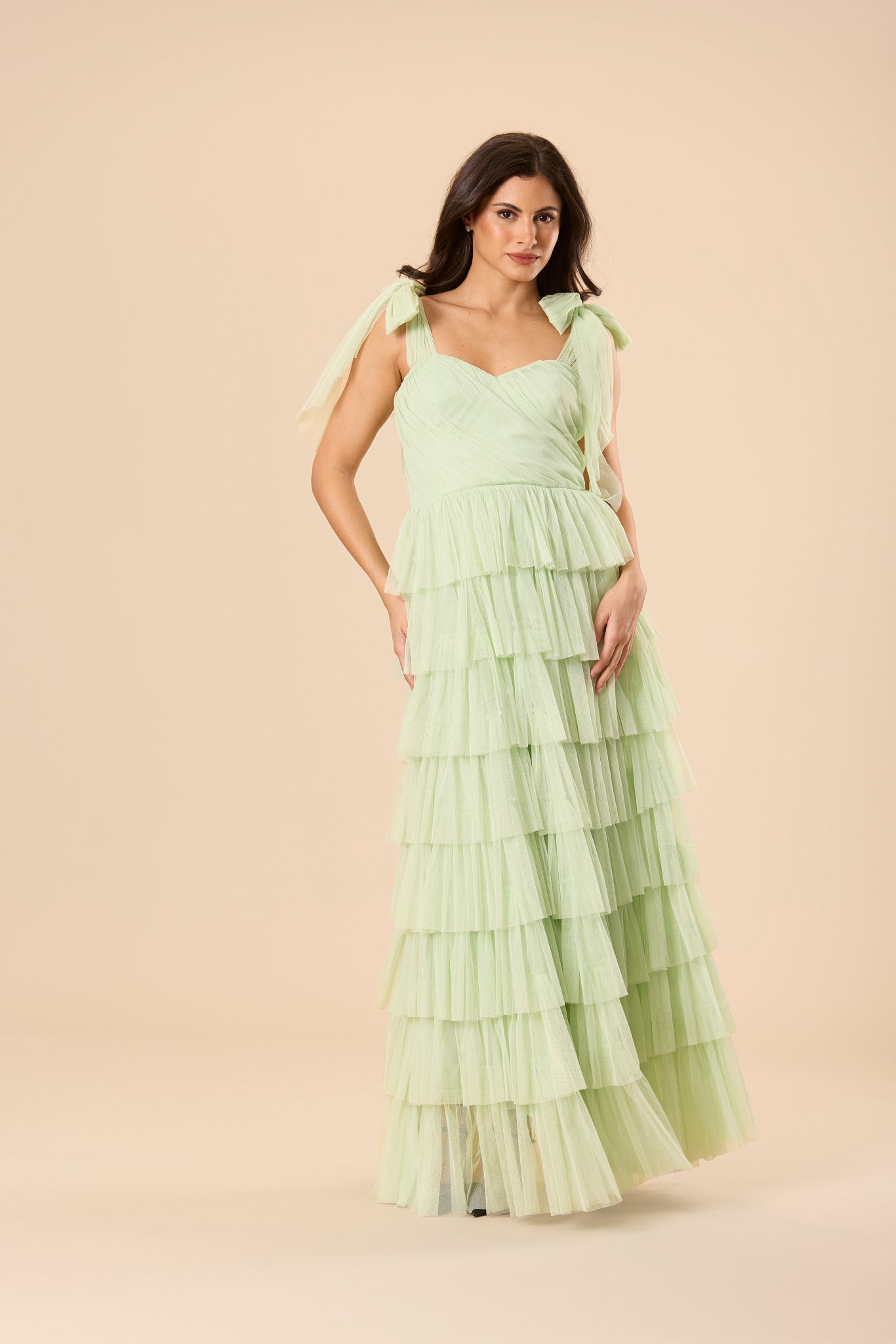 Ophelia Tulle Maxi Dress with Tie Detail in Sage Green
