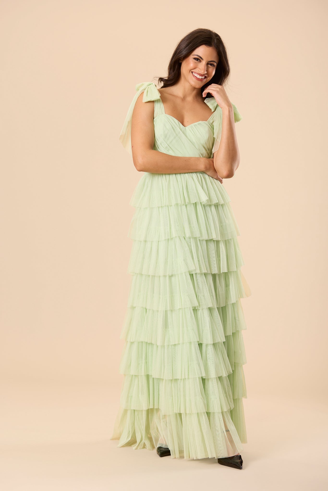 Ophelia Tulle Maxi Dress with Tie Detail in Sage Green