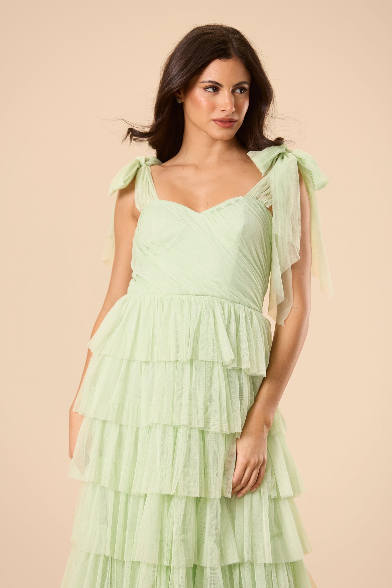 Ophelia Tulle Maxi Dress with Tie Detail in Sage Green