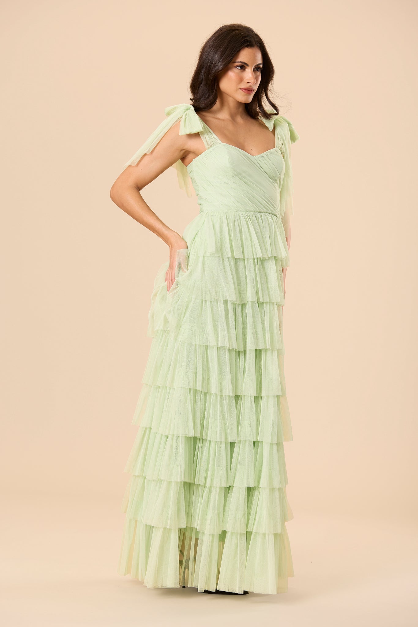 Ophelia Tulle Maxi Dress with Tie Detail in Sage Green