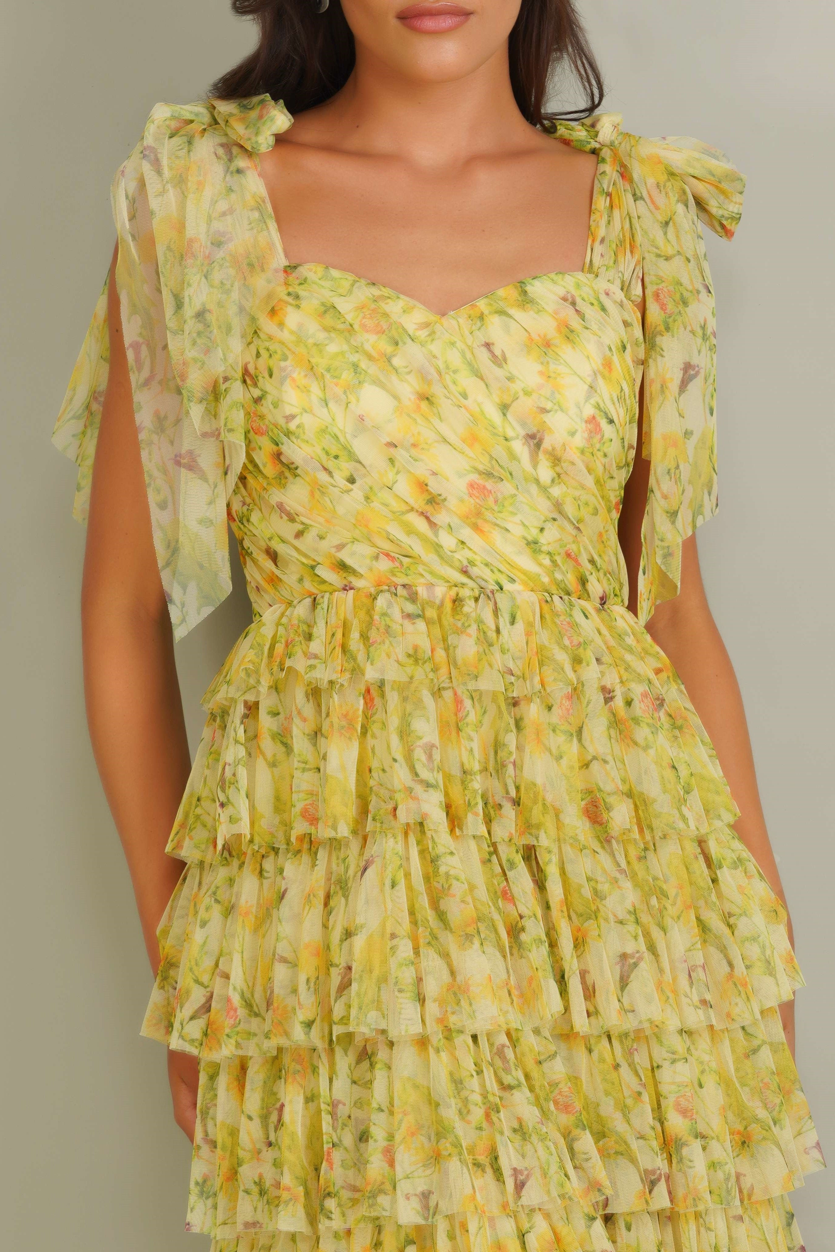 Ophelia Tulle Maxi Dress with Tie Detail in Yellow Floral