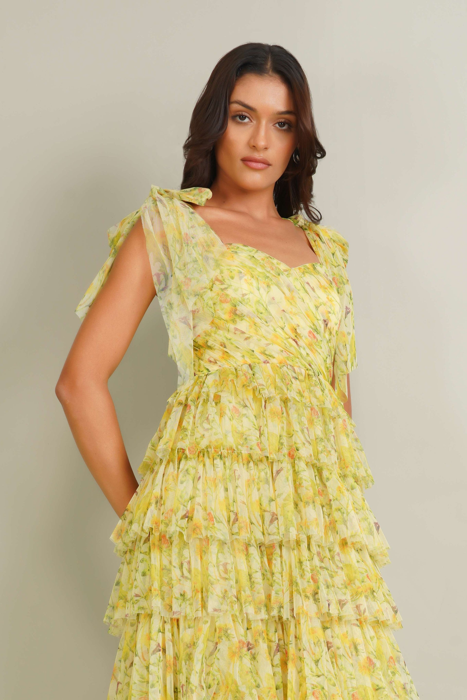 Ophelia Tulle Maxi Dress with Tie Detail in Yellow Floral