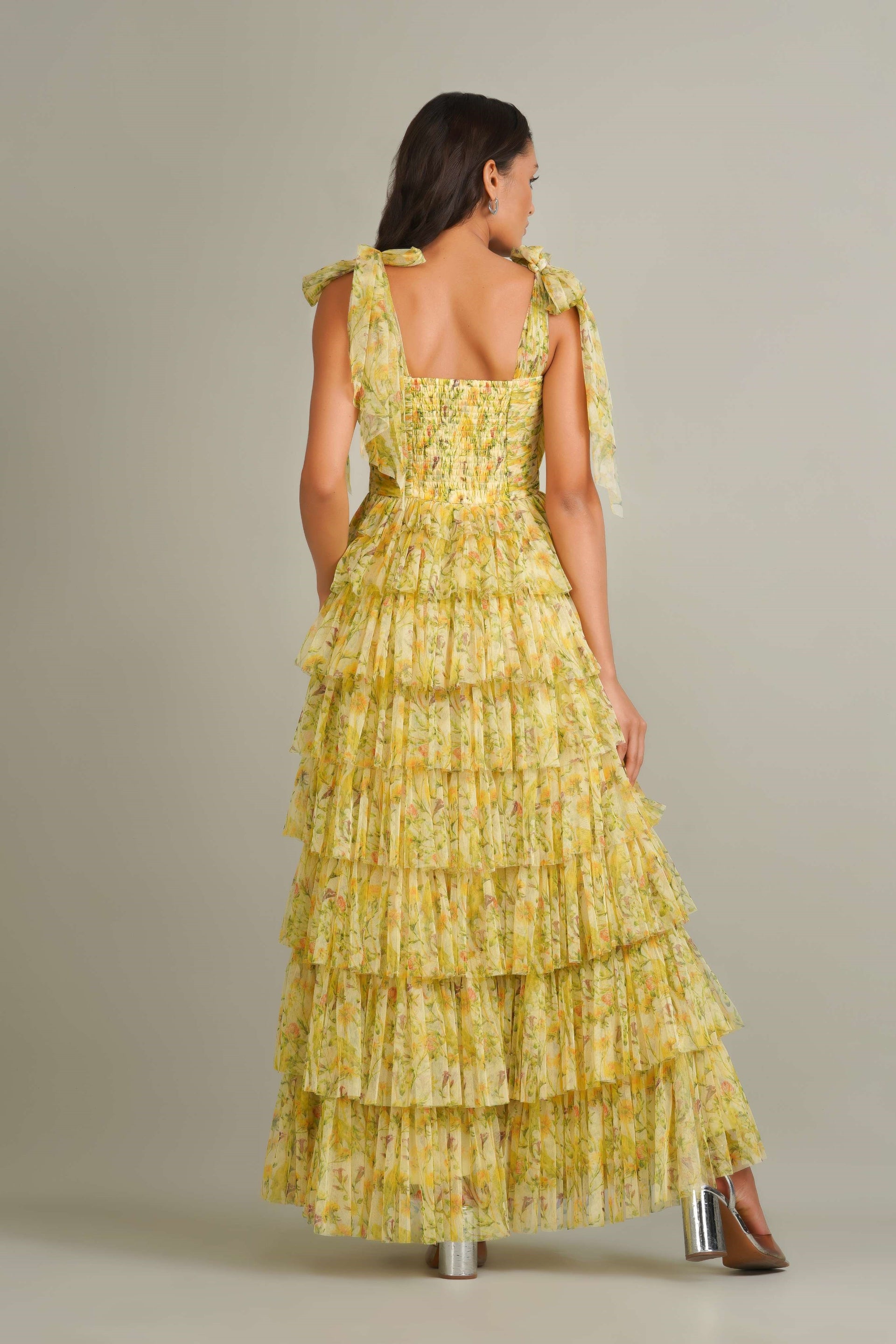 Ophelia Tulle Maxi Dress with Tie Detail in Yellow Floral