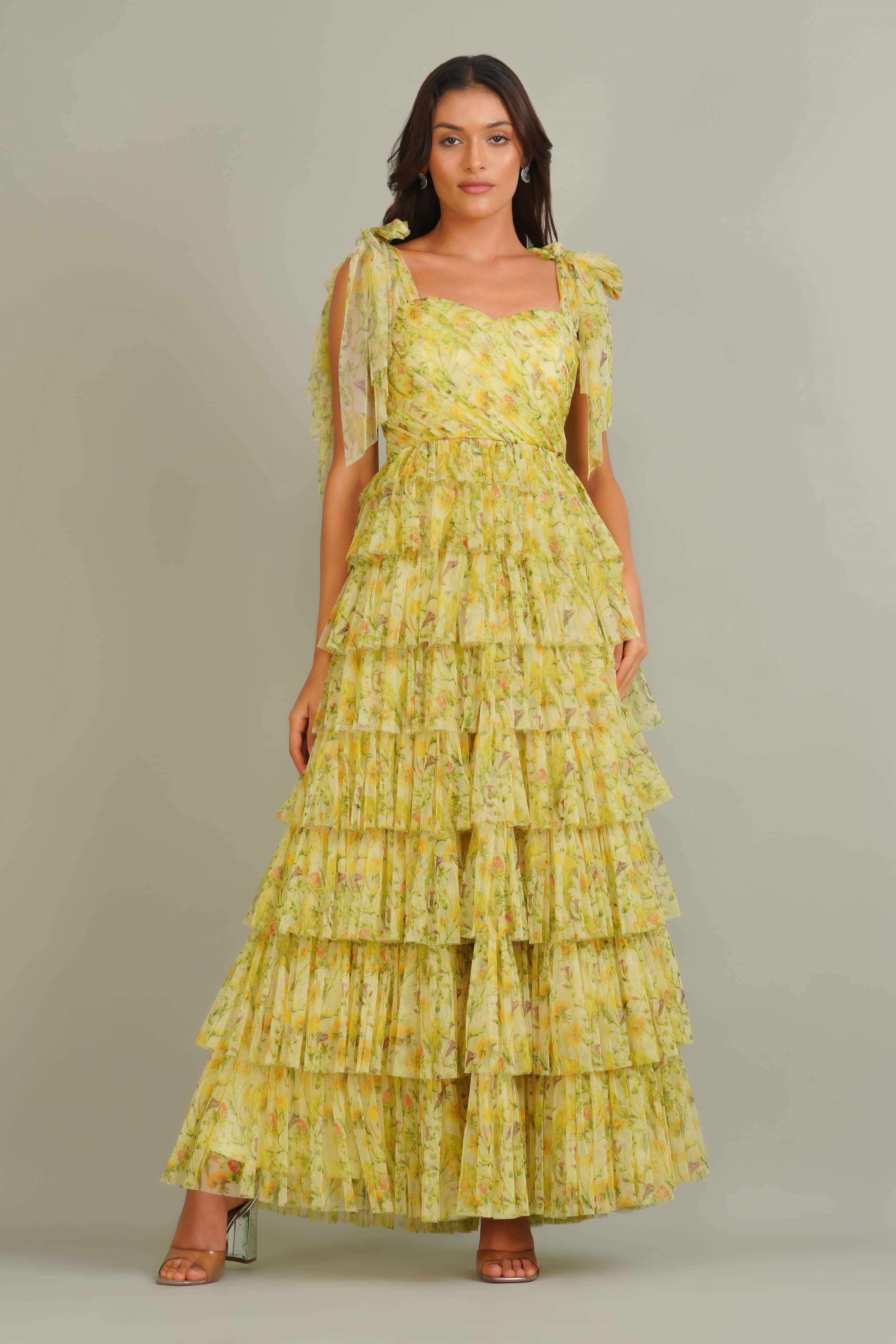 Tie Shoulder Sweetheart Rouched Bodice Tiered Maxi Dress Smocked Back Yellow Floral Print Formal